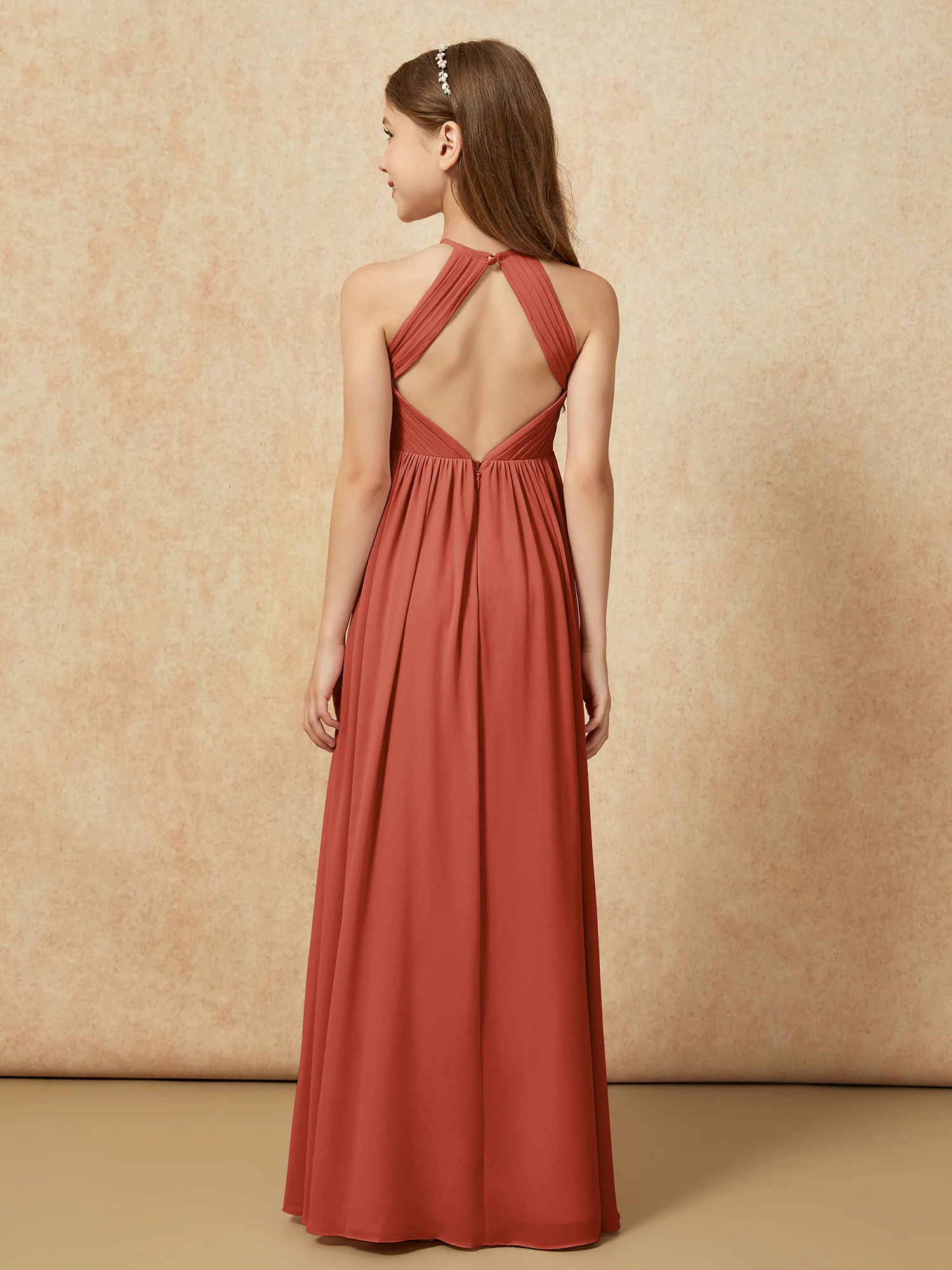 Halter Pleated Long Chiffon Junior Bridesmaid Dress Rust - Image 2