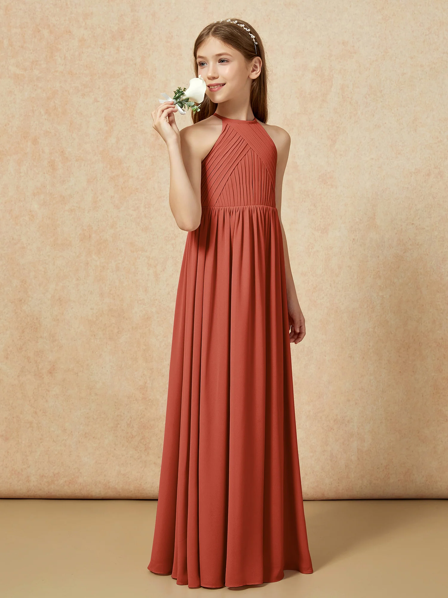 Halter Pleated Long Chiffon Junior Bridesmaid Dress Rust - Image 3