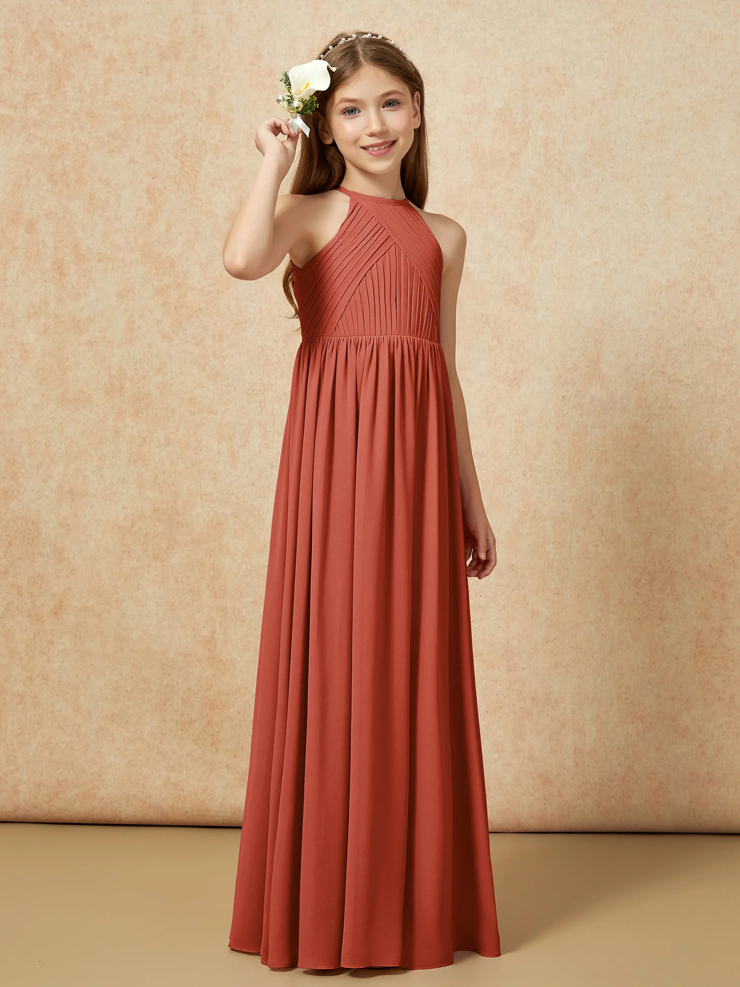 Halter Pleated Long Chiffon Junior Bridesmaid Dress Rust - Image 4
