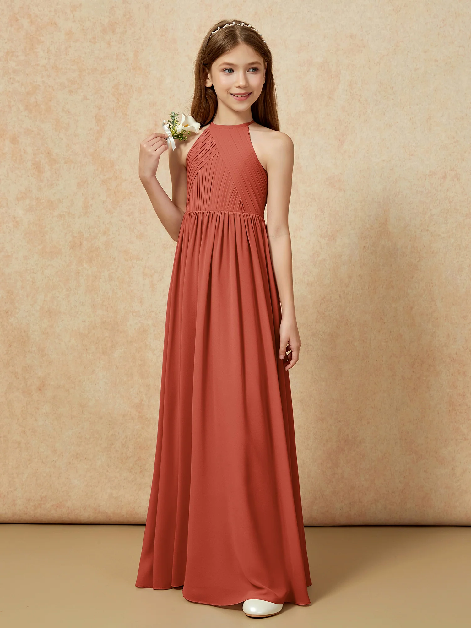 Halter Pleated Long Chiffon Junior Bridesmaid Dress Rust - Image 5