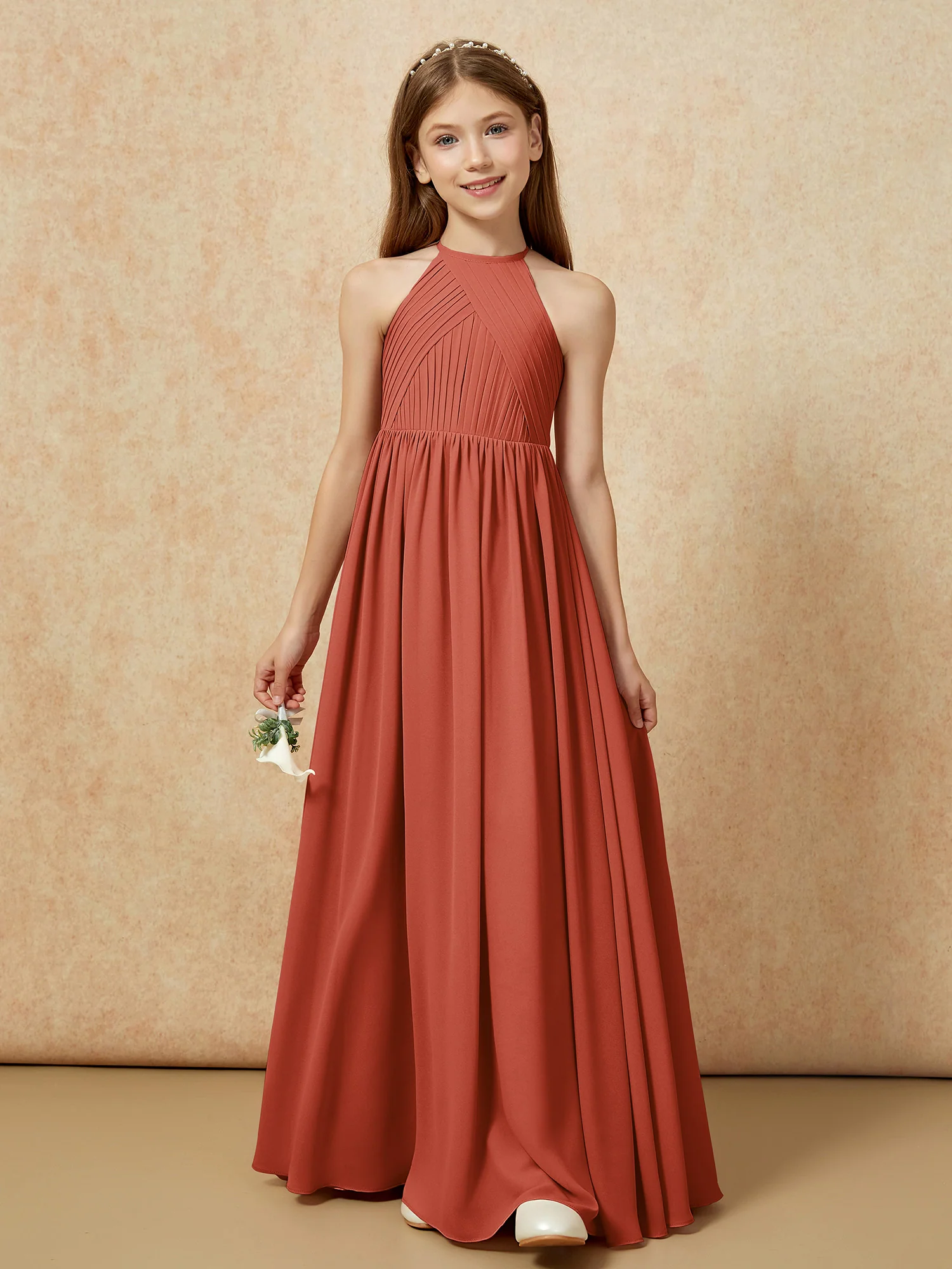 Halter Pleated Long Chiffon Junior Bridesmaid Dress Rust - Image 6