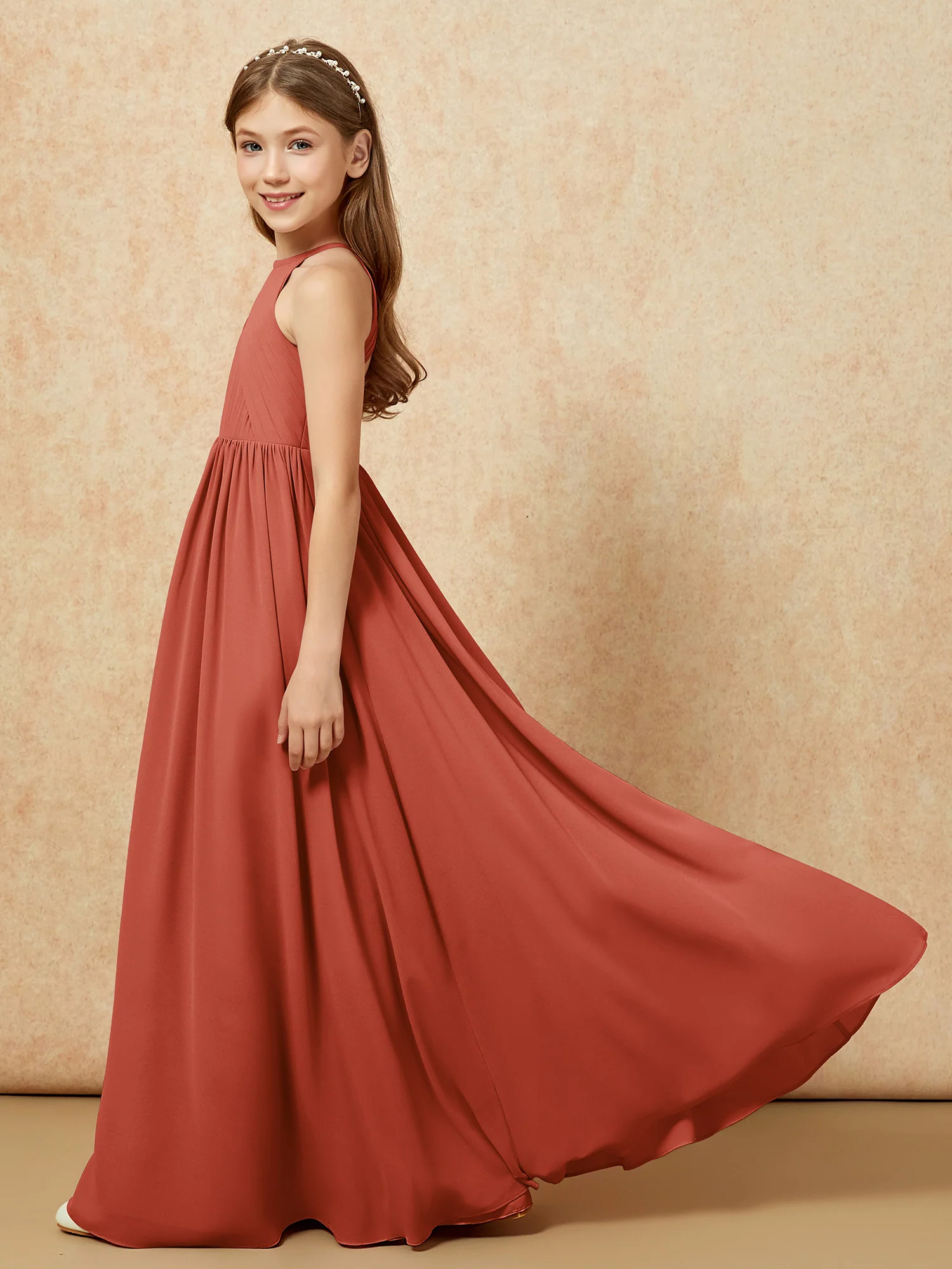 Halter Pleated Long Chiffon Junior Bridesmaid Dress Rust - Image 7