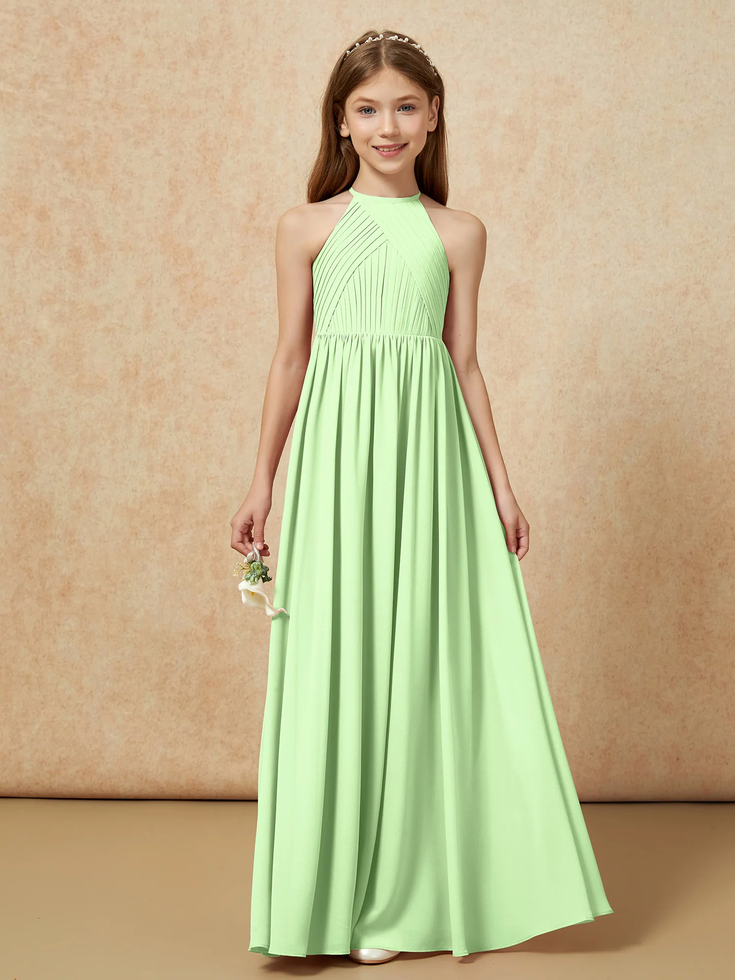Halter Pleated Long Chiffon Junior Bridesmaid Dress Sage