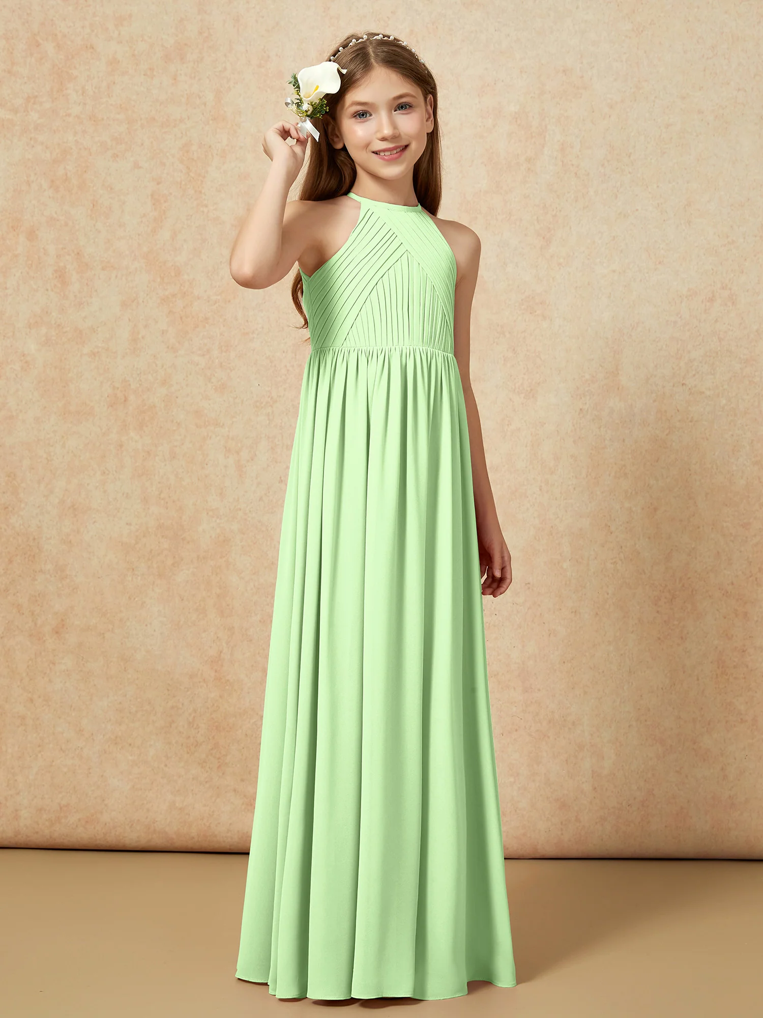 Halter Pleated Long Chiffon Junior Bridesmaid Dress Sage - Image 4