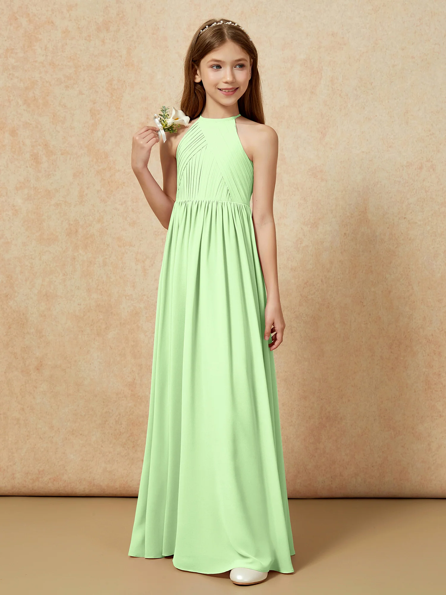 Halter Pleated Long Chiffon Junior Bridesmaid Dress Sage - Image 5