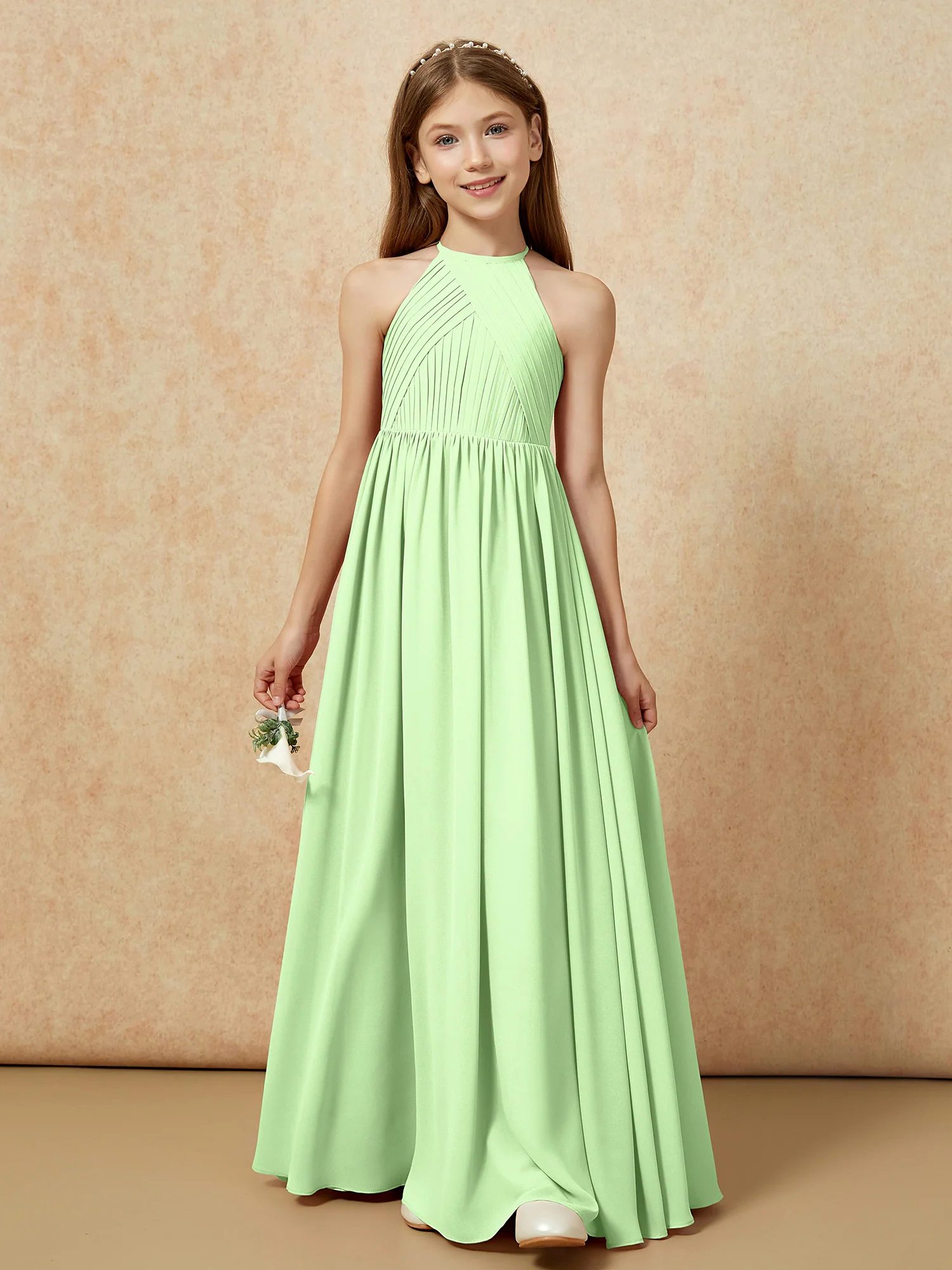 Halter Pleated Long Chiffon Junior Bridesmaid Dress Sage - Image 6