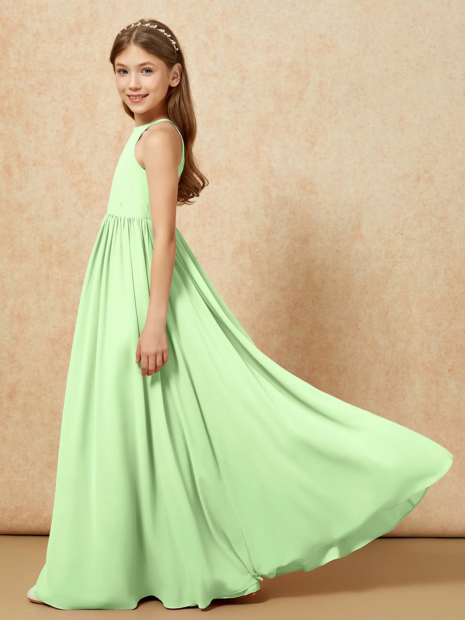 Halter Pleated Long Chiffon Junior Bridesmaid Dress Sage - Image 7
