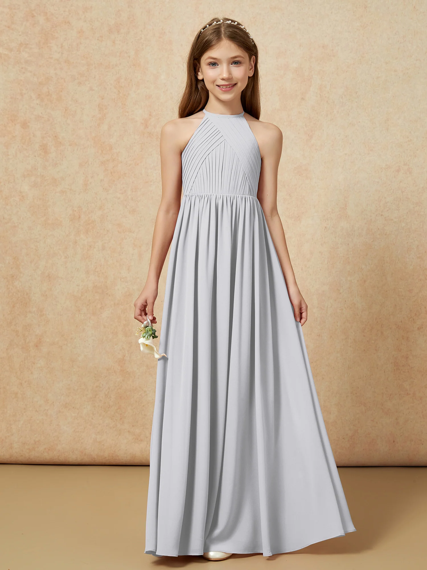 Halter Pleated Long Chiffon Junior Bridesmaid Dress Silver