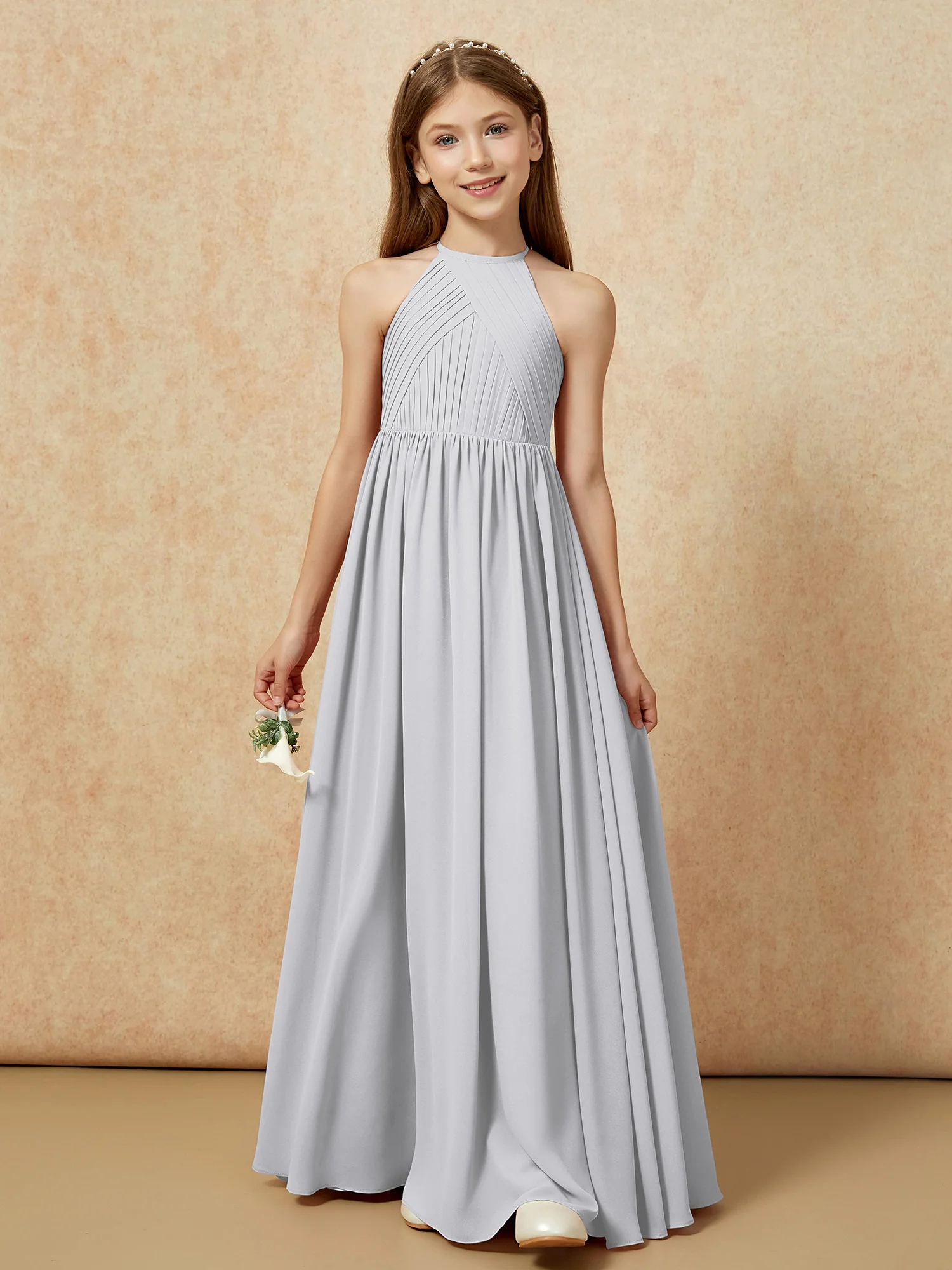Halter Pleated Long Chiffon Junior Bridesmaid Dress Silver - Image 6