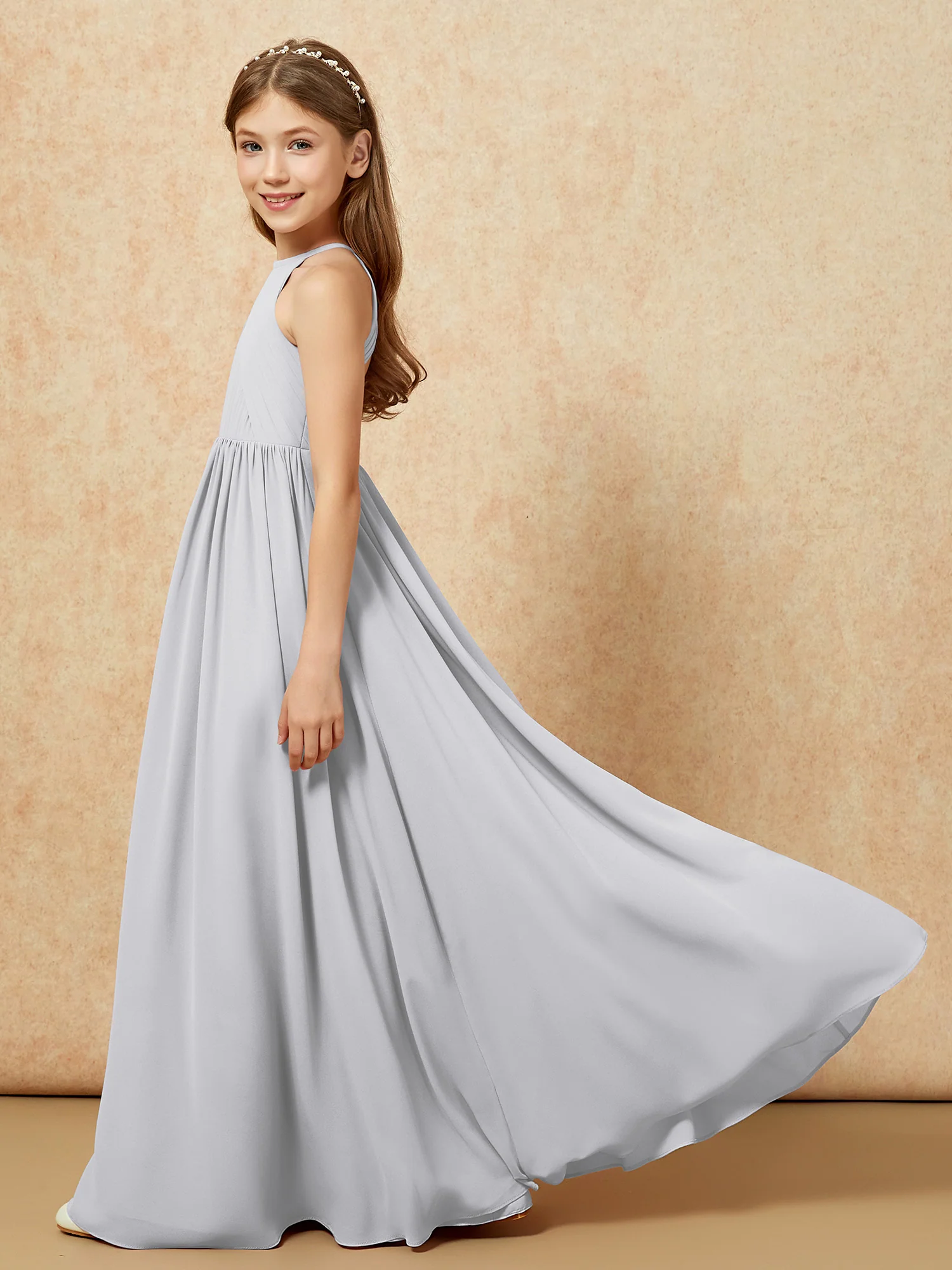 Halter Pleated Long Chiffon Junior Bridesmaid Dress Silver - Image 7