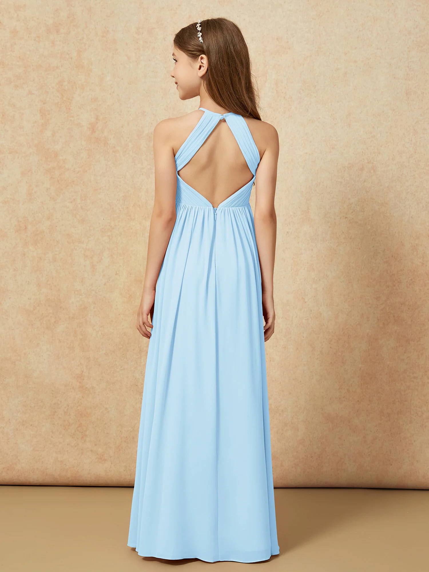 Halter Pleated Long Chiffon Junior Bridesmaid Dress Sky Blue - Image 2