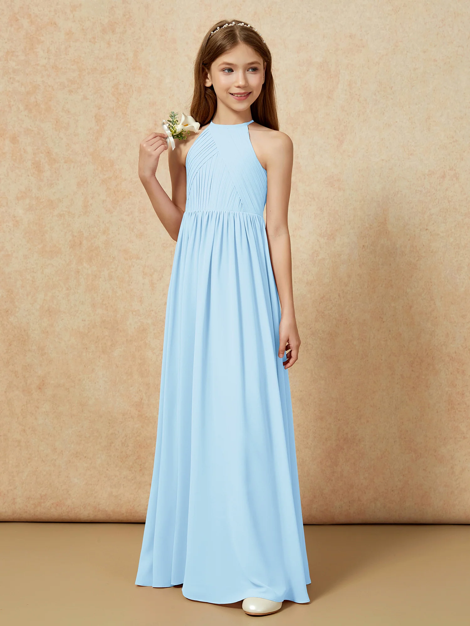 Halter Pleated Long Chiffon Junior Bridesmaid Dress Sky Blue - Image 5