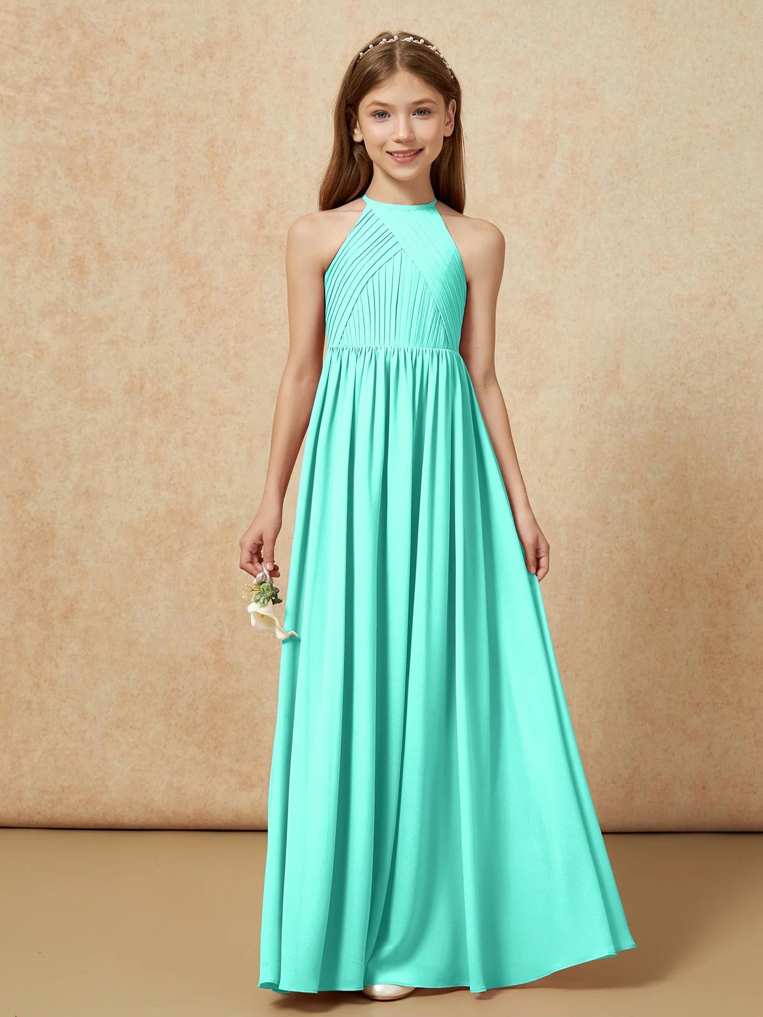 Halter Pleated Long Chiffon Junior Bridesmaid Dress Spa