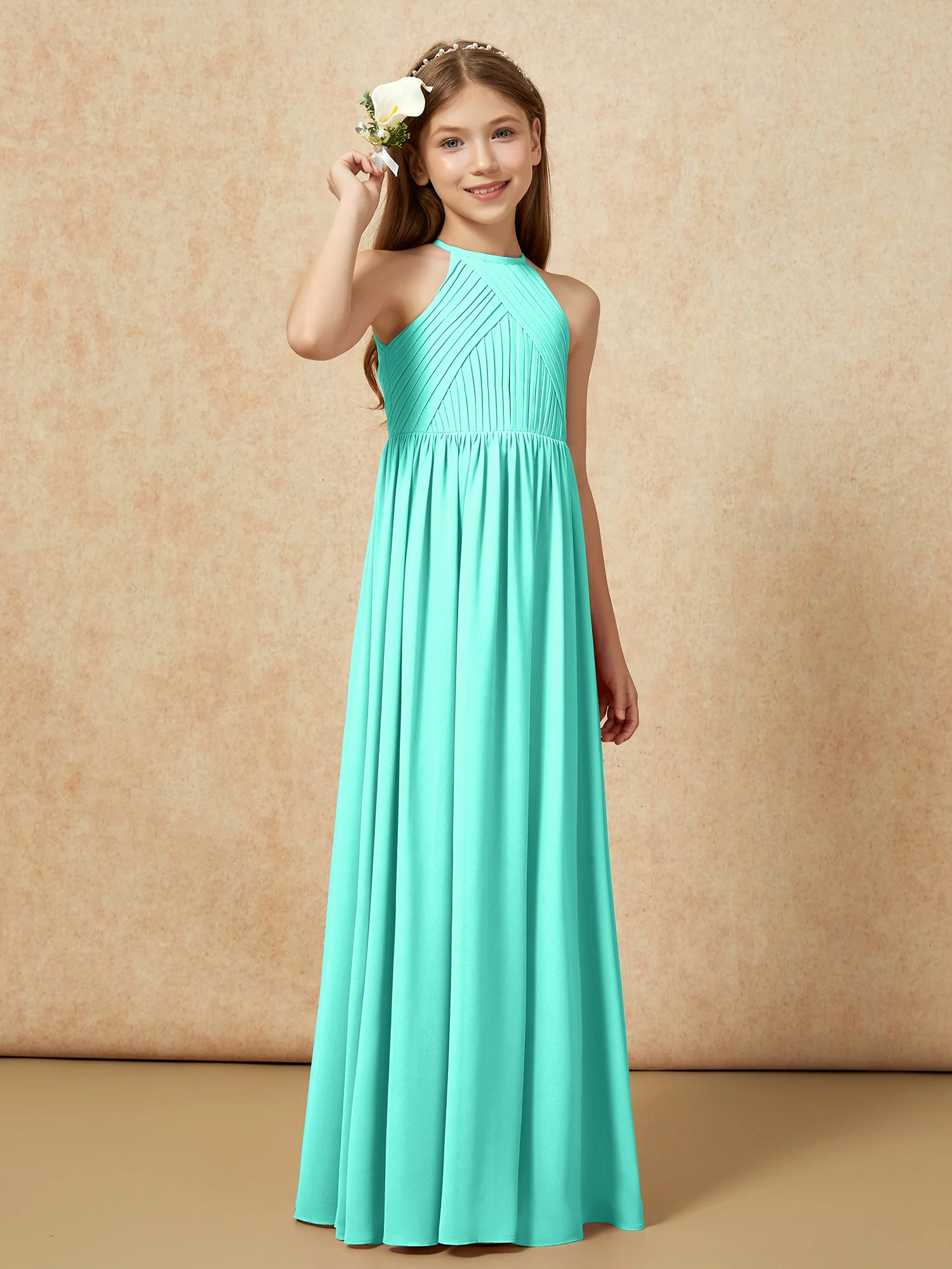 Halter Pleated Long Chiffon Junior Bridesmaid Dress Spa - Image 4