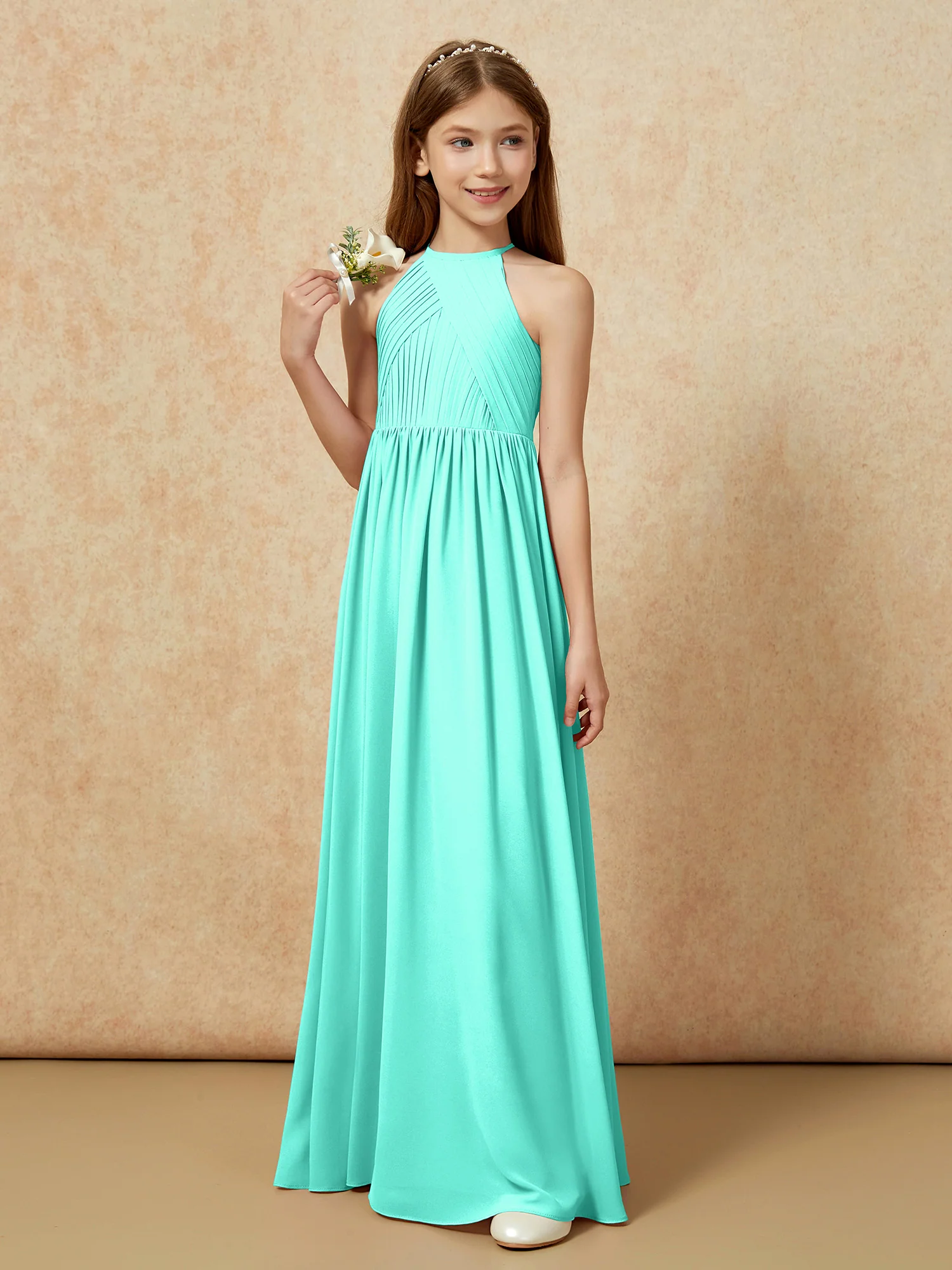 Halter Pleated Long Chiffon Junior Bridesmaid Dress Spa - Image 5