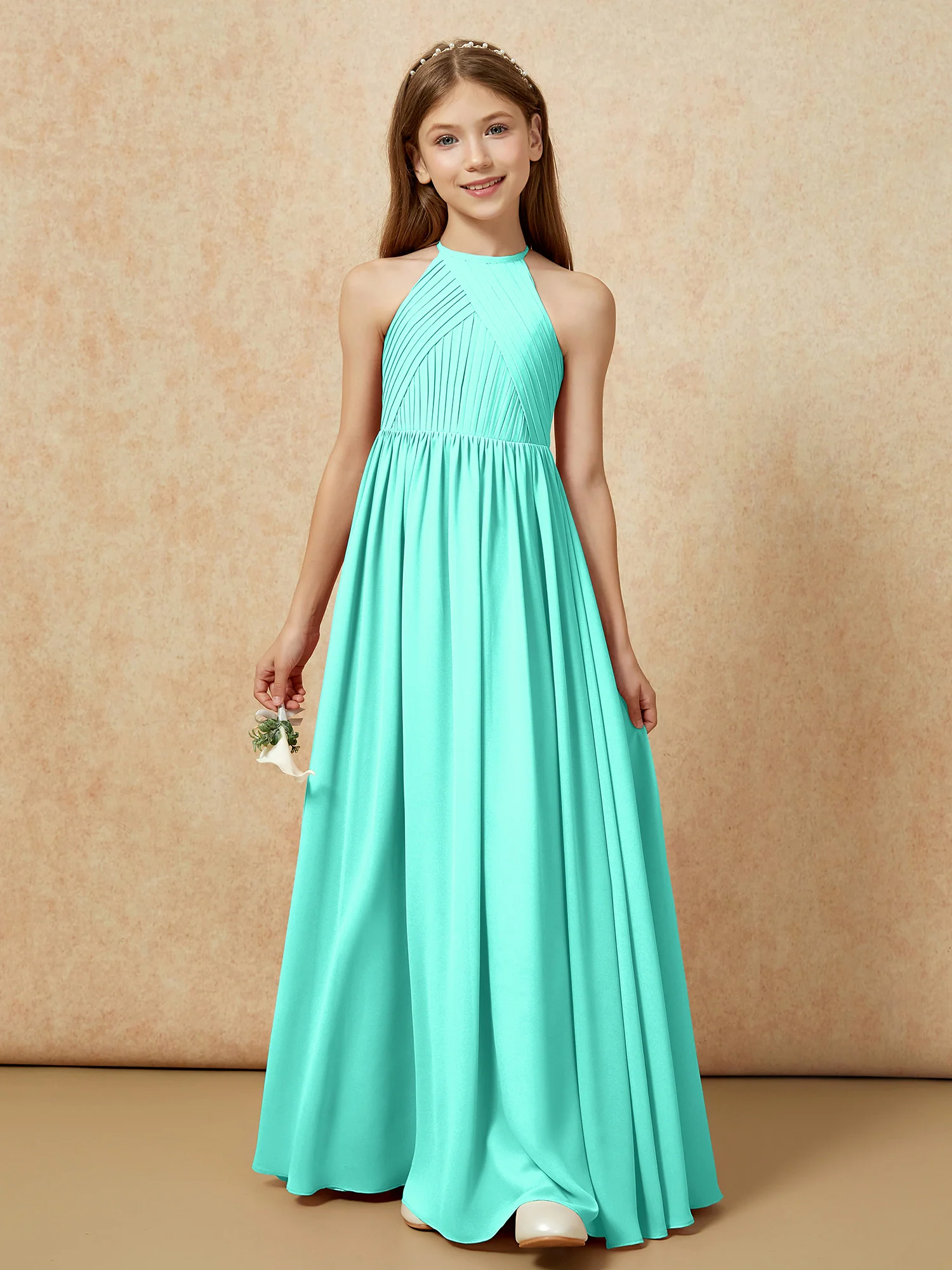 Halter Pleated Long Chiffon Junior Bridesmaid Dress Spa - Image 6