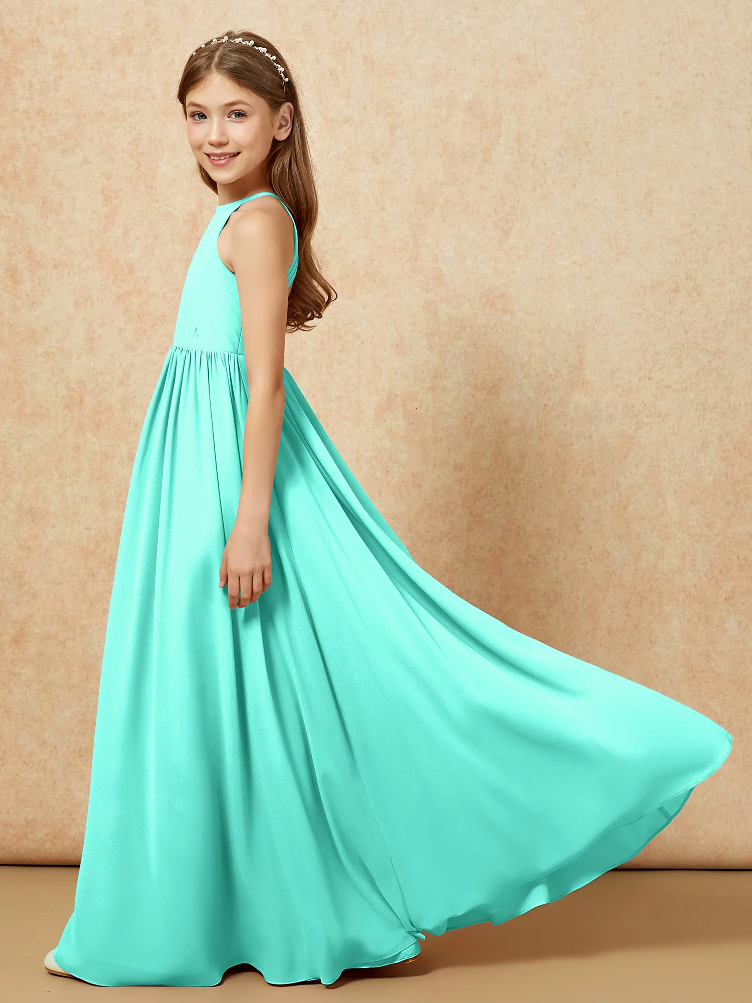 Halter Pleated Long Chiffon Junior Bridesmaid Dress Spa - Image 7
