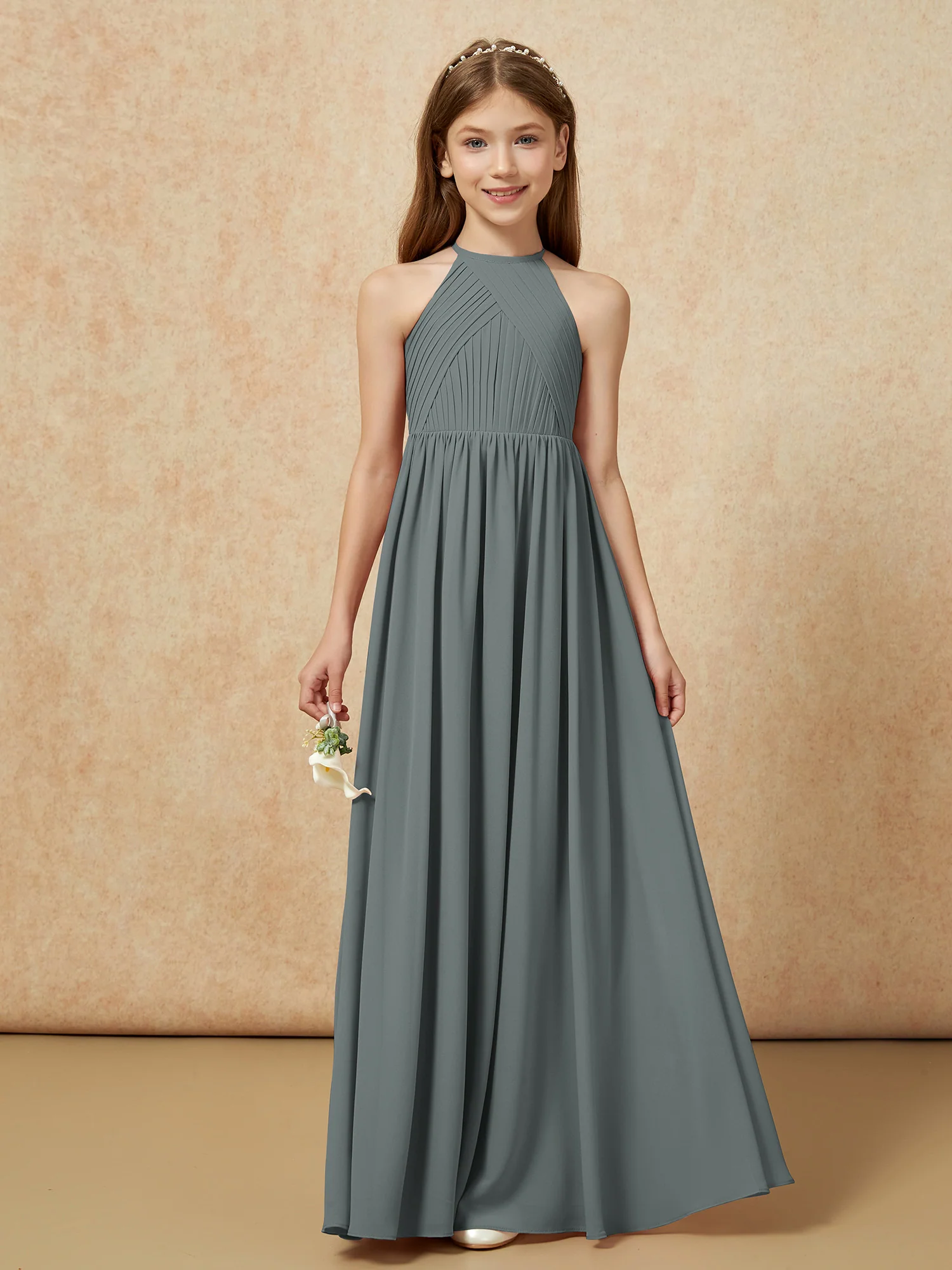 Halter Pleated Long Chiffon Junior Bridesmaid Dress Steel Grey