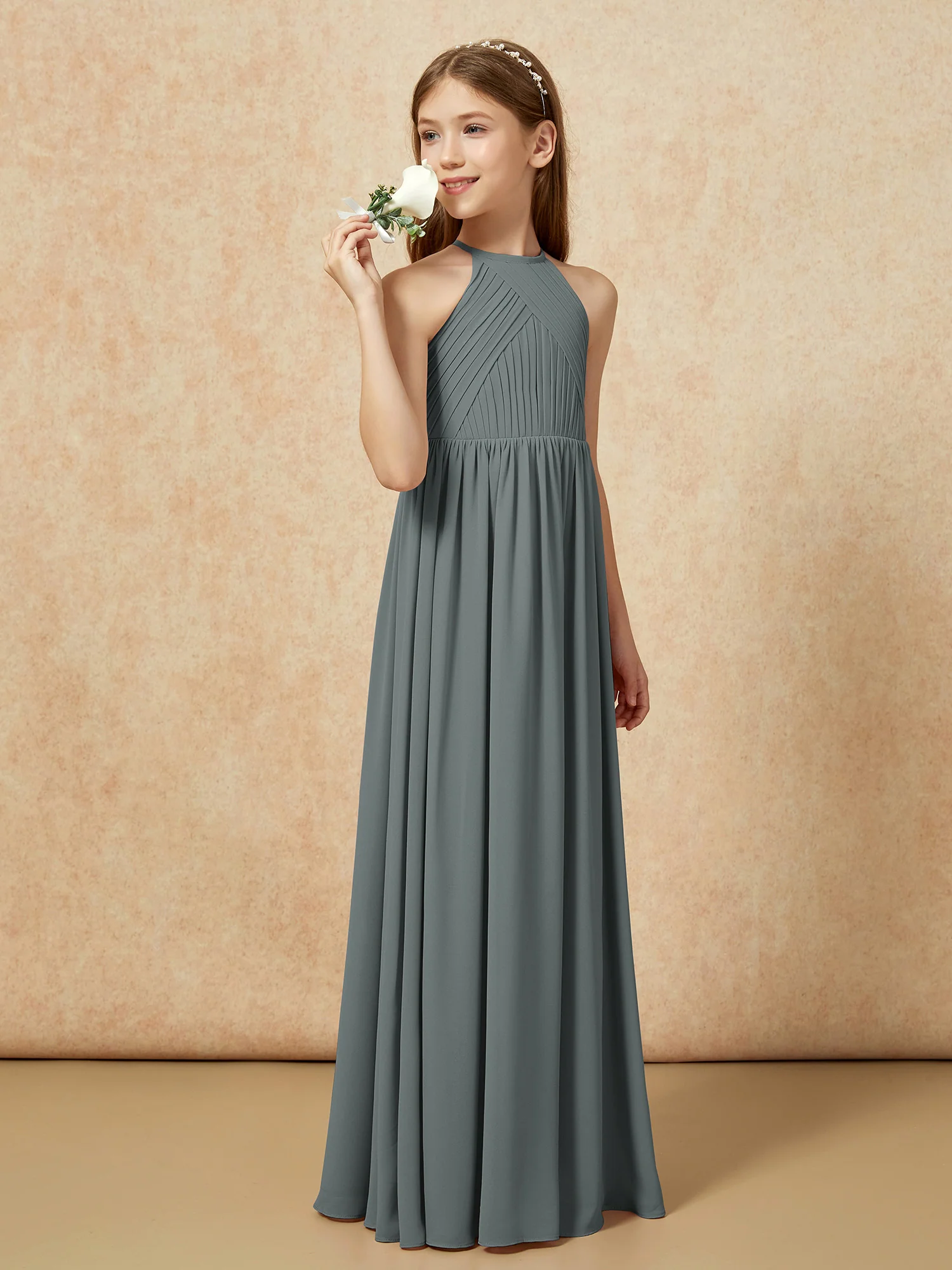 Halter Pleated Long Chiffon Junior Bridesmaid Dress Steel Grey - Image 3