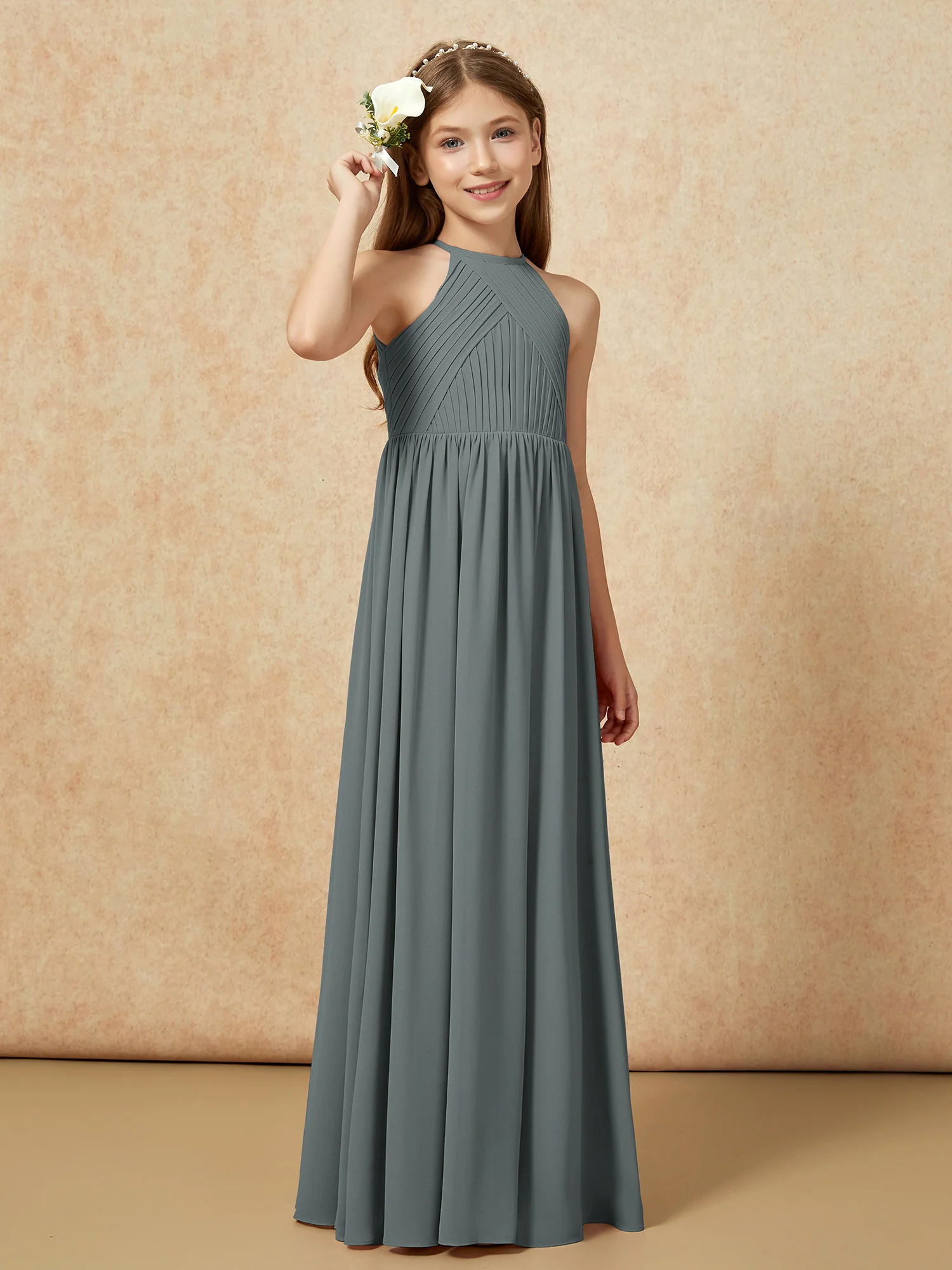Halter Pleated Long Chiffon Junior Bridesmaid Dress Steel Grey - Image 4