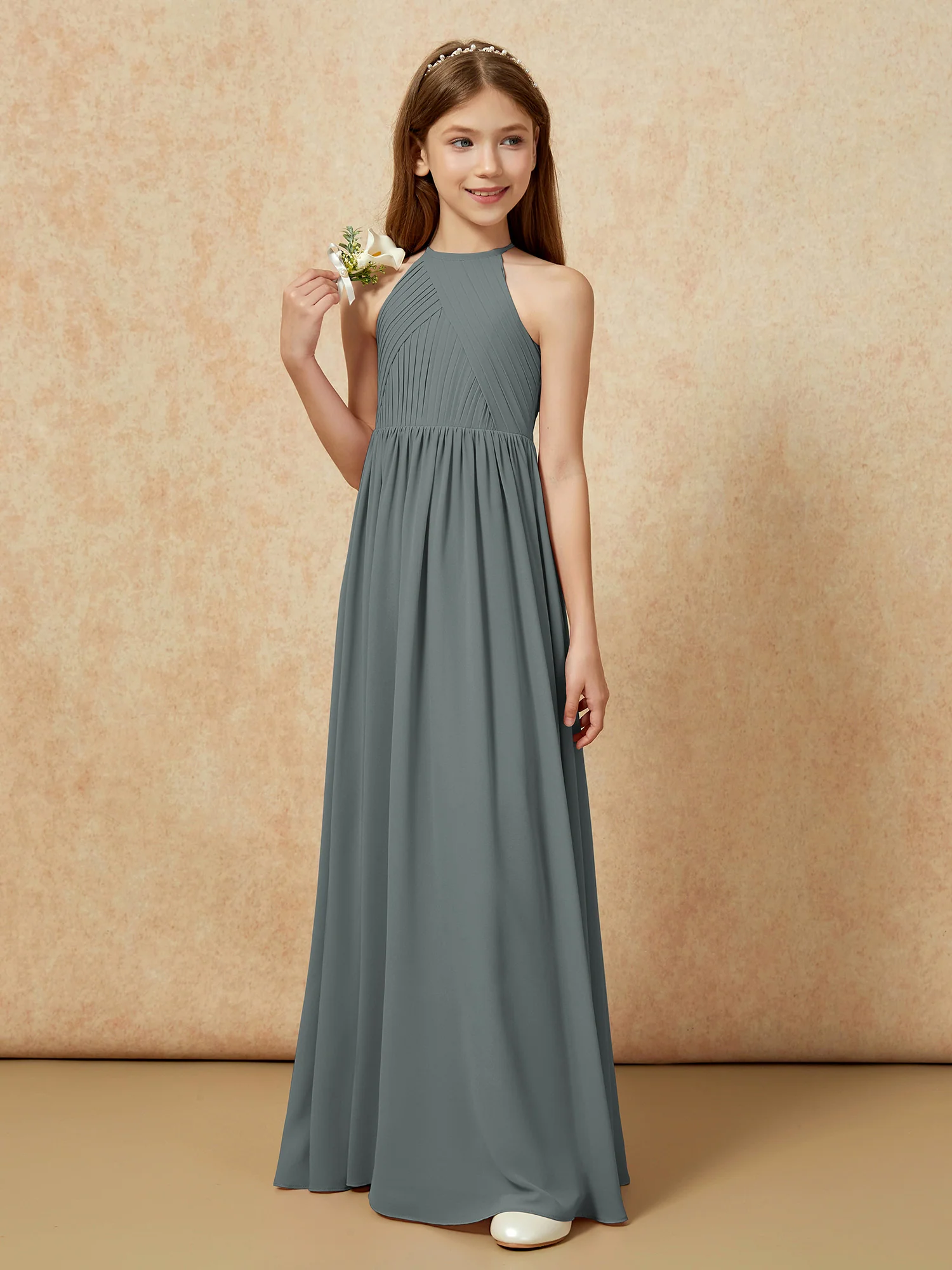 Halter Pleated Long Chiffon Junior Bridesmaid Dress Steel Grey - Image 5