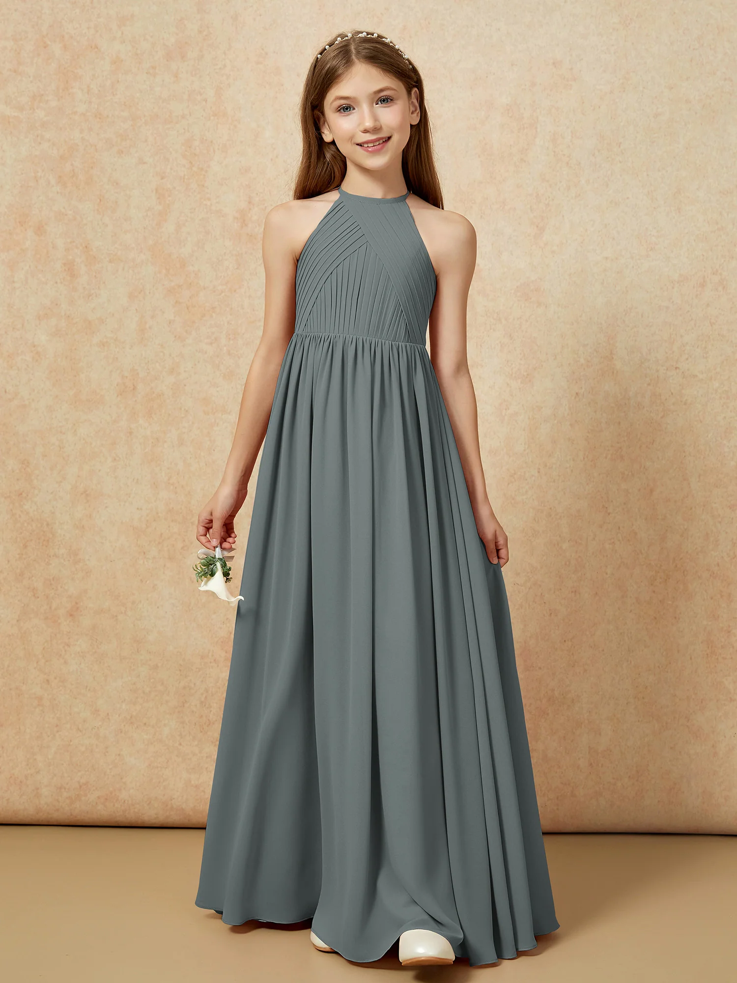 Halter Pleated Long Chiffon Junior Bridesmaid Dress Steel Grey - Image 6