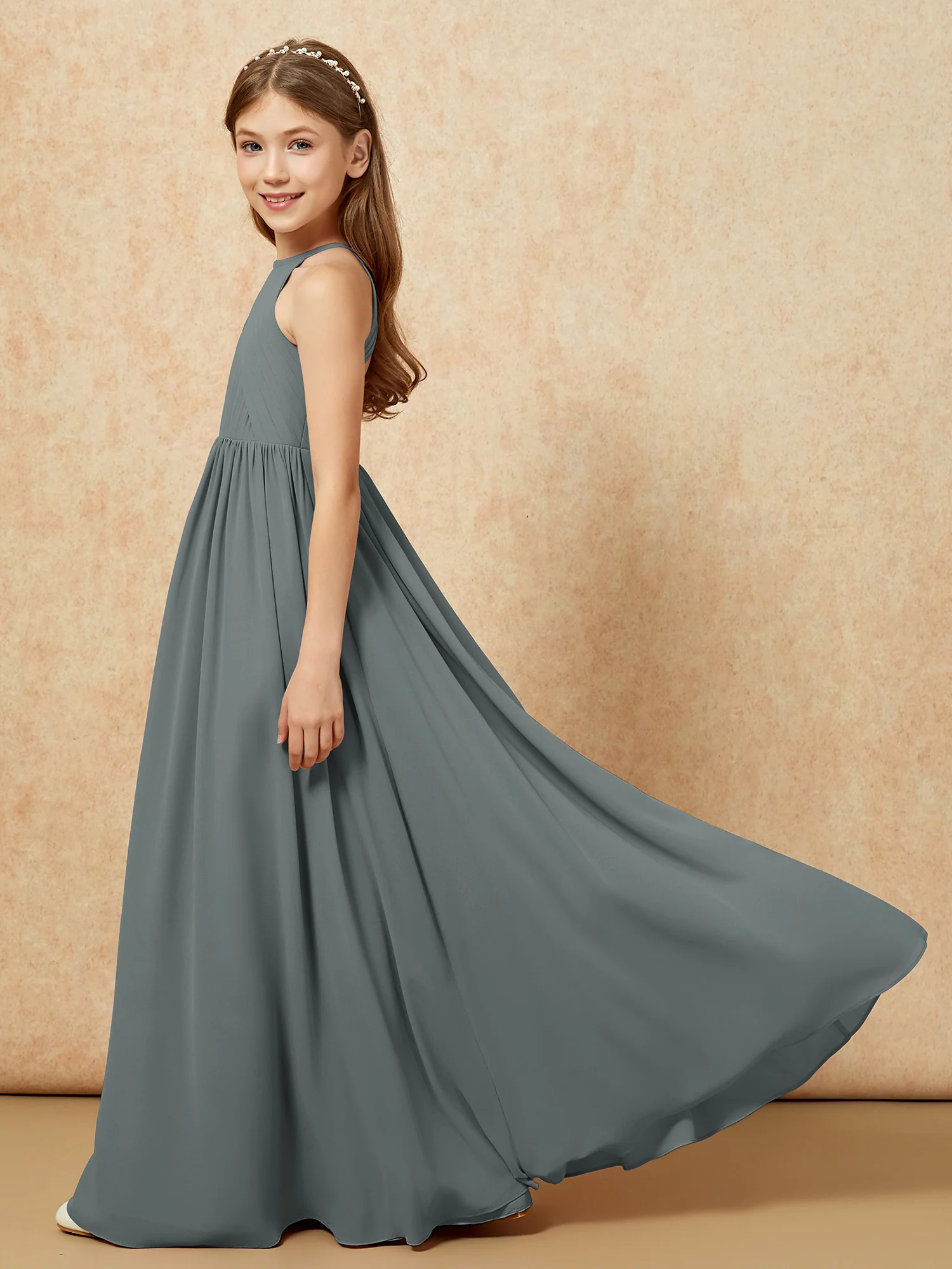 Halter Pleated Long Chiffon Junior Bridesmaid Dress Steel Grey - Image 7