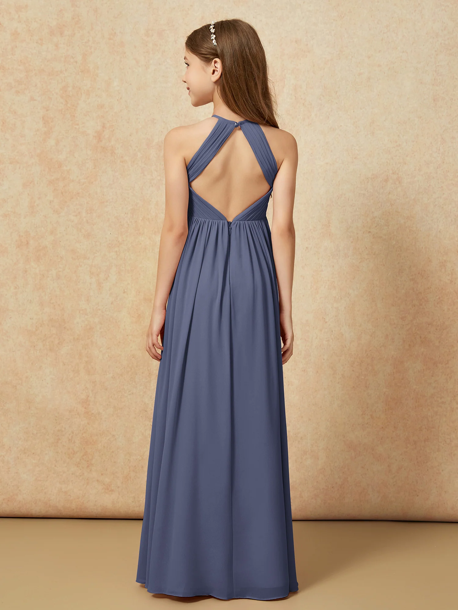 Halter Pleated Long Chiffon Junior Bridesmaid Dress Stormy - Image 2