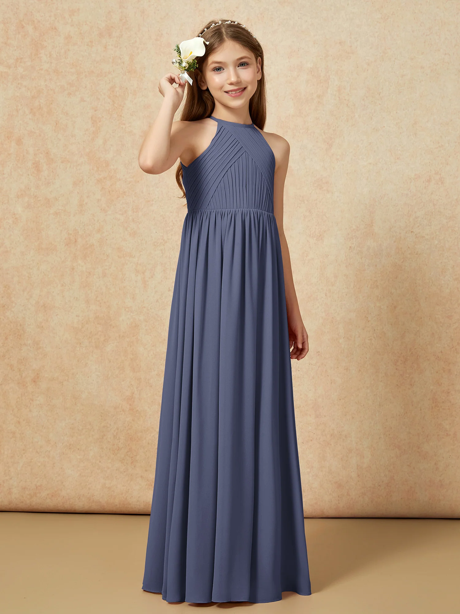 Halter Pleated Long Chiffon Junior Bridesmaid Dress Stormy - Image 4