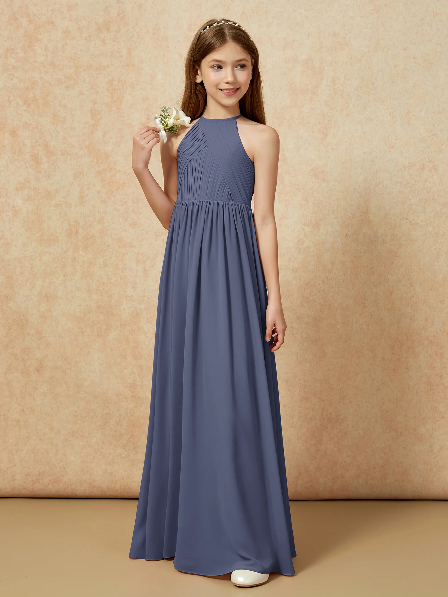 Halter Pleated Long Chiffon Junior Bridesmaid Dress Stormy - Image 5
