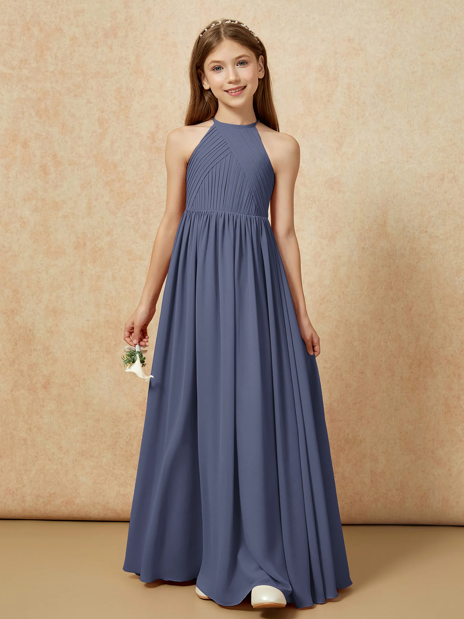 Halter Pleated Long Chiffon Junior Bridesmaid Dress Stormy - Image 6