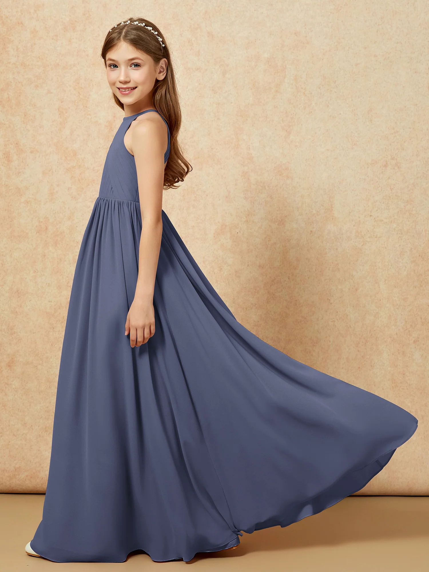 Halter Pleated Long Chiffon Junior Bridesmaid Dress Stormy - Image 7
