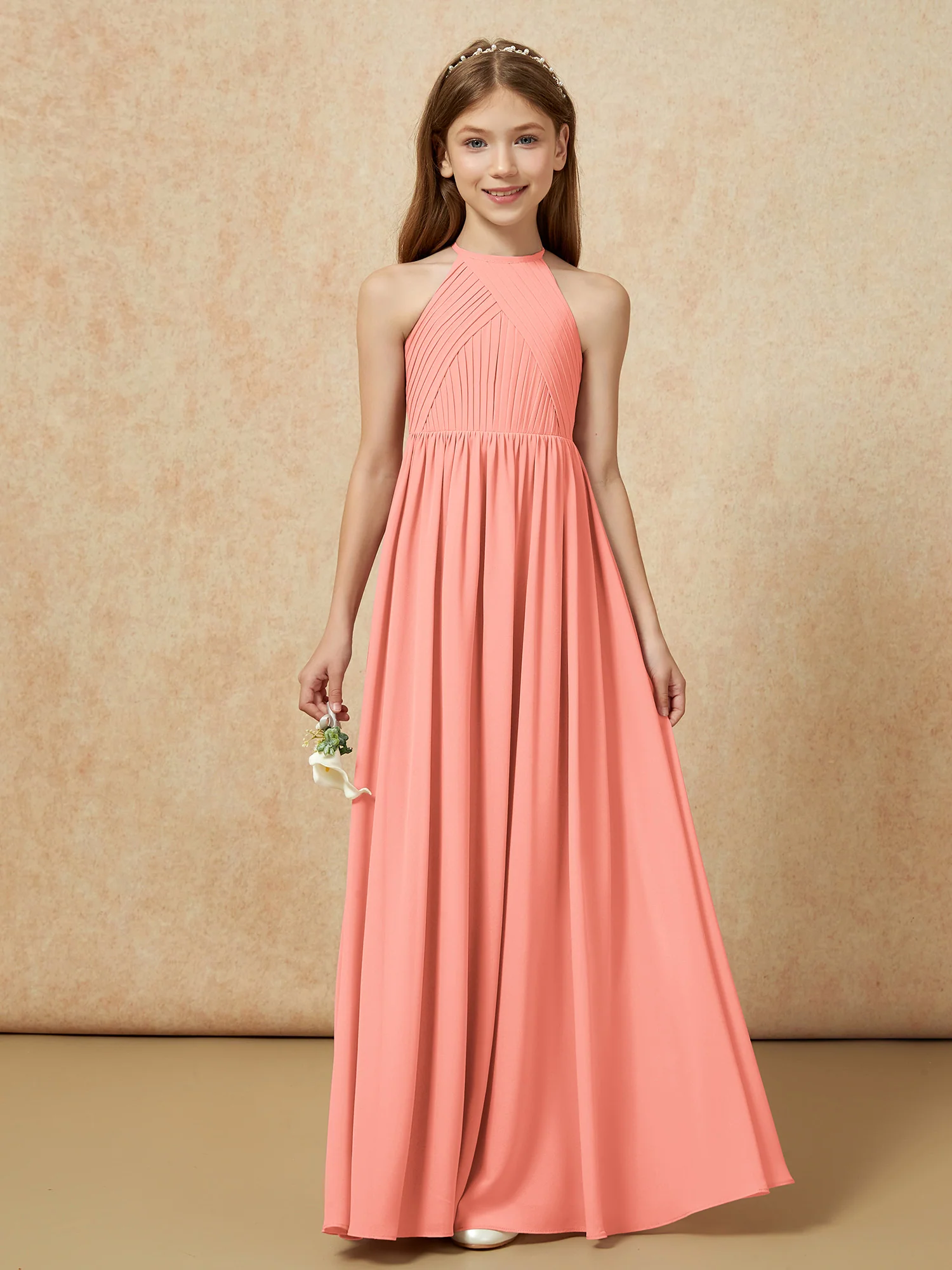 Halter Pleated Long Chiffon Junior Bridesmaid Dress Sunset