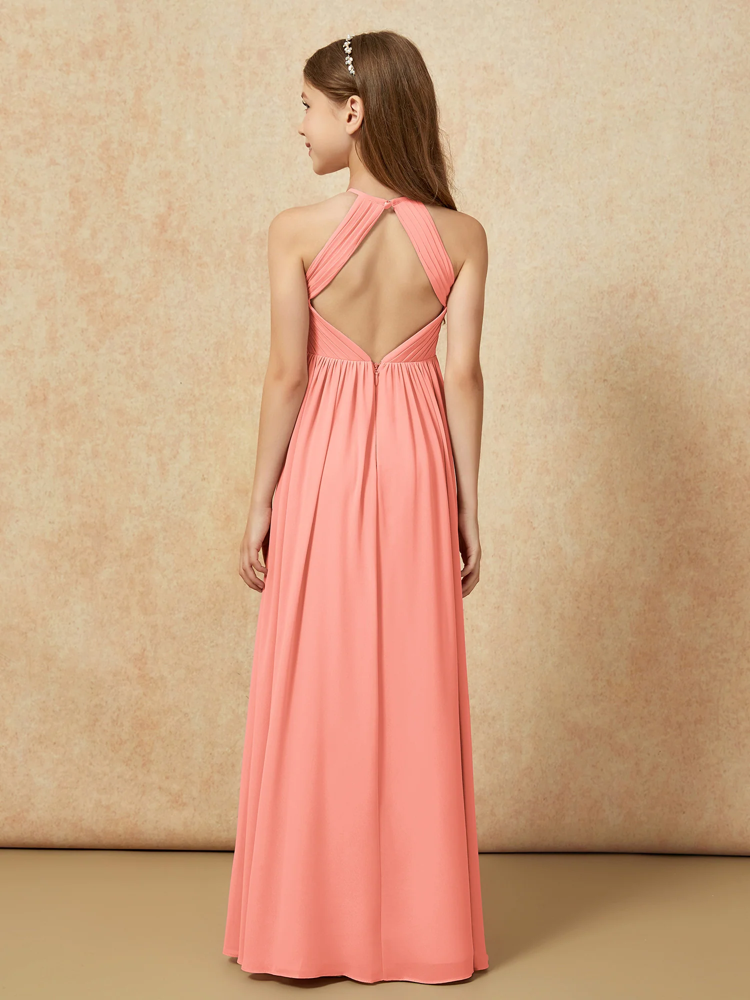Halter Pleated Long Chiffon Junior Bridesmaid Dress Sunset - Image 2