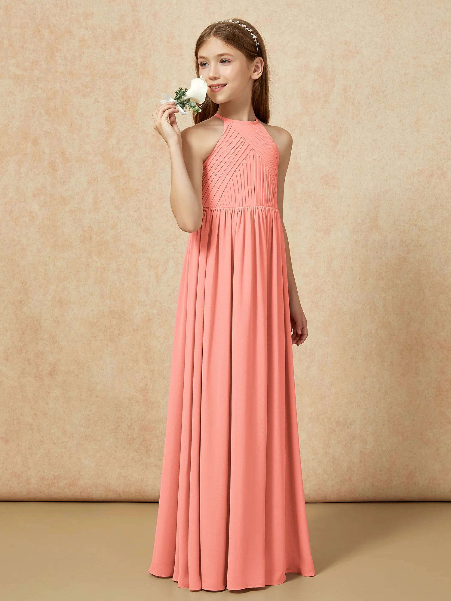 Halter Pleated Long Chiffon Junior Bridesmaid Dress Sunset - Image 3