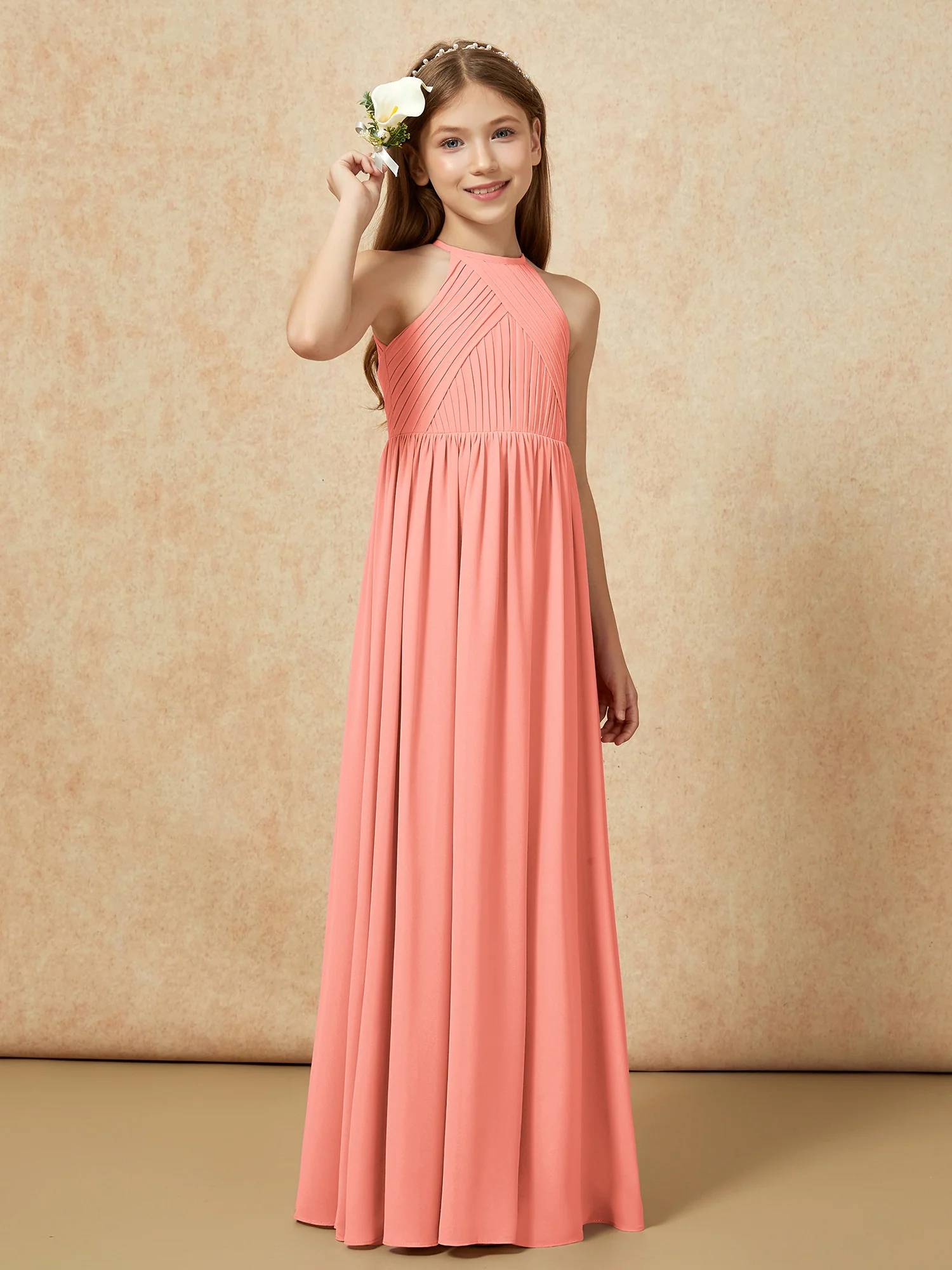 Halter Pleated Long Chiffon Junior Bridesmaid Dress Sunset - Image 4