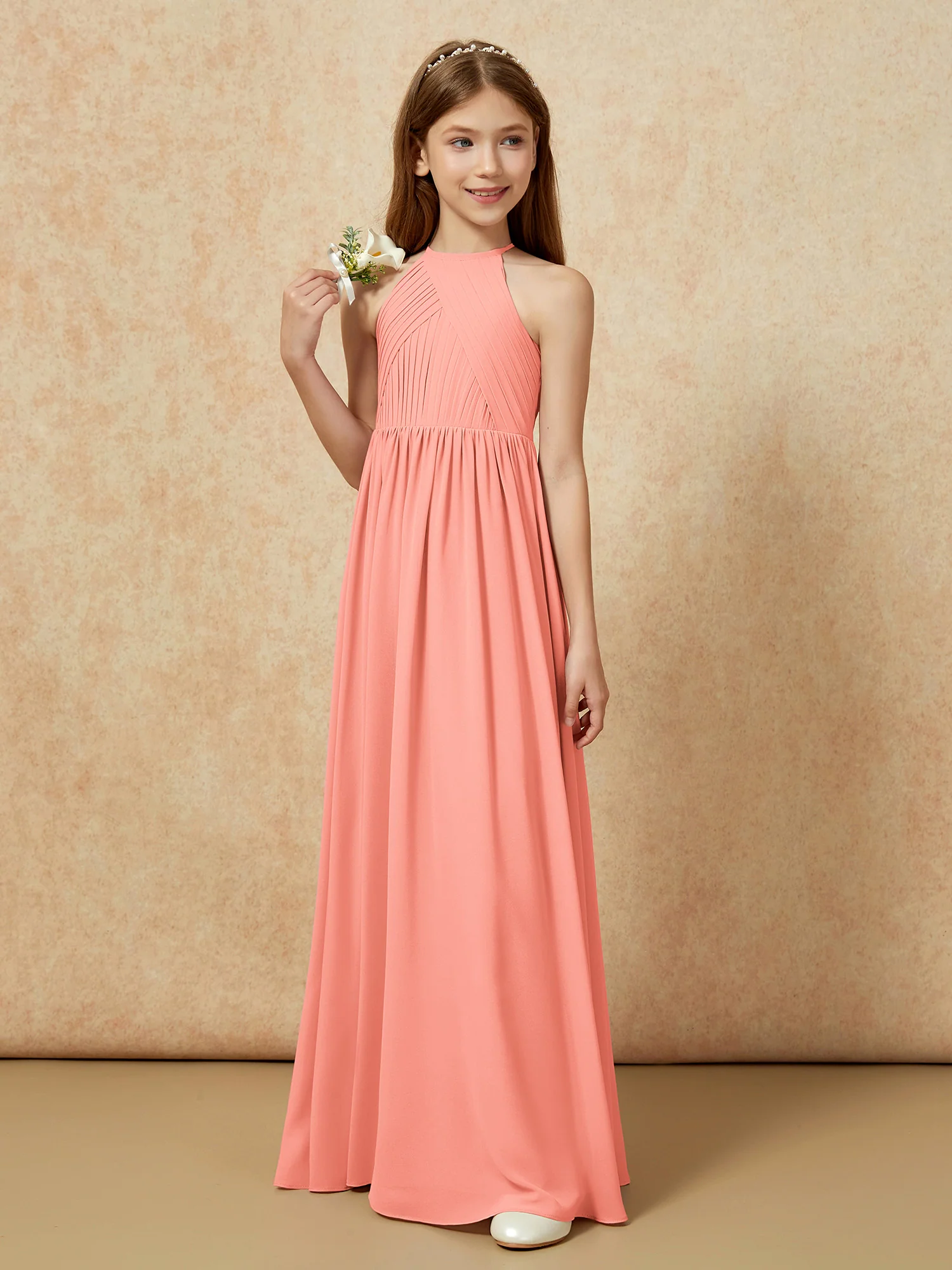 Halter Pleated Long Chiffon Junior Bridesmaid Dress Sunset - Image 5