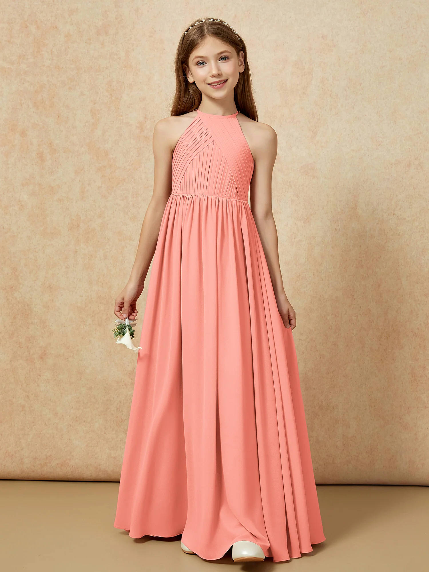 Halter Pleated Long Chiffon Junior Bridesmaid Dress Sunset - Image 6