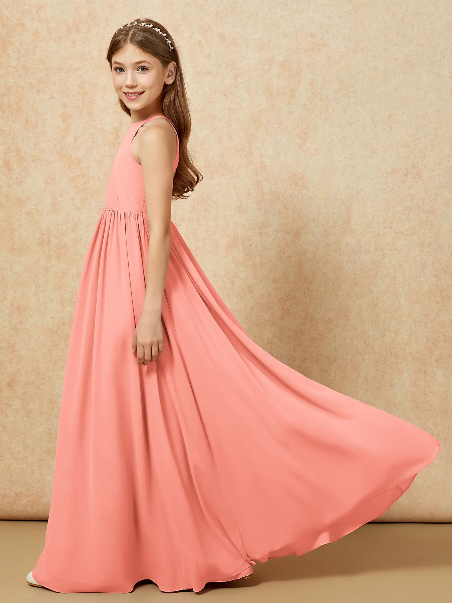 Halter Pleated Long Chiffon Junior Bridesmaid Dress Sunset - Image 7