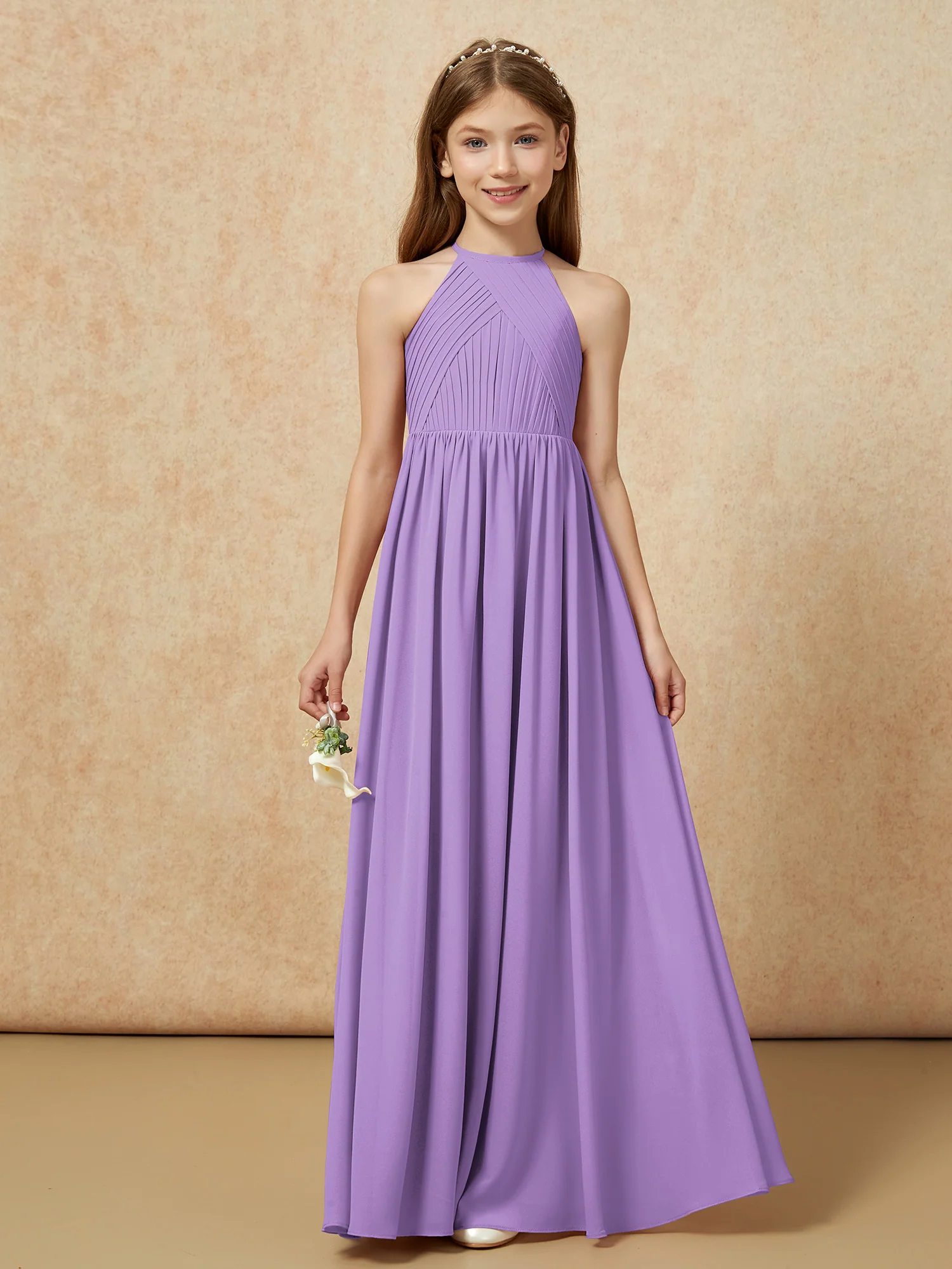 Halter Pleated Long Chiffon Junior Bridesmaid Dress Tahiti