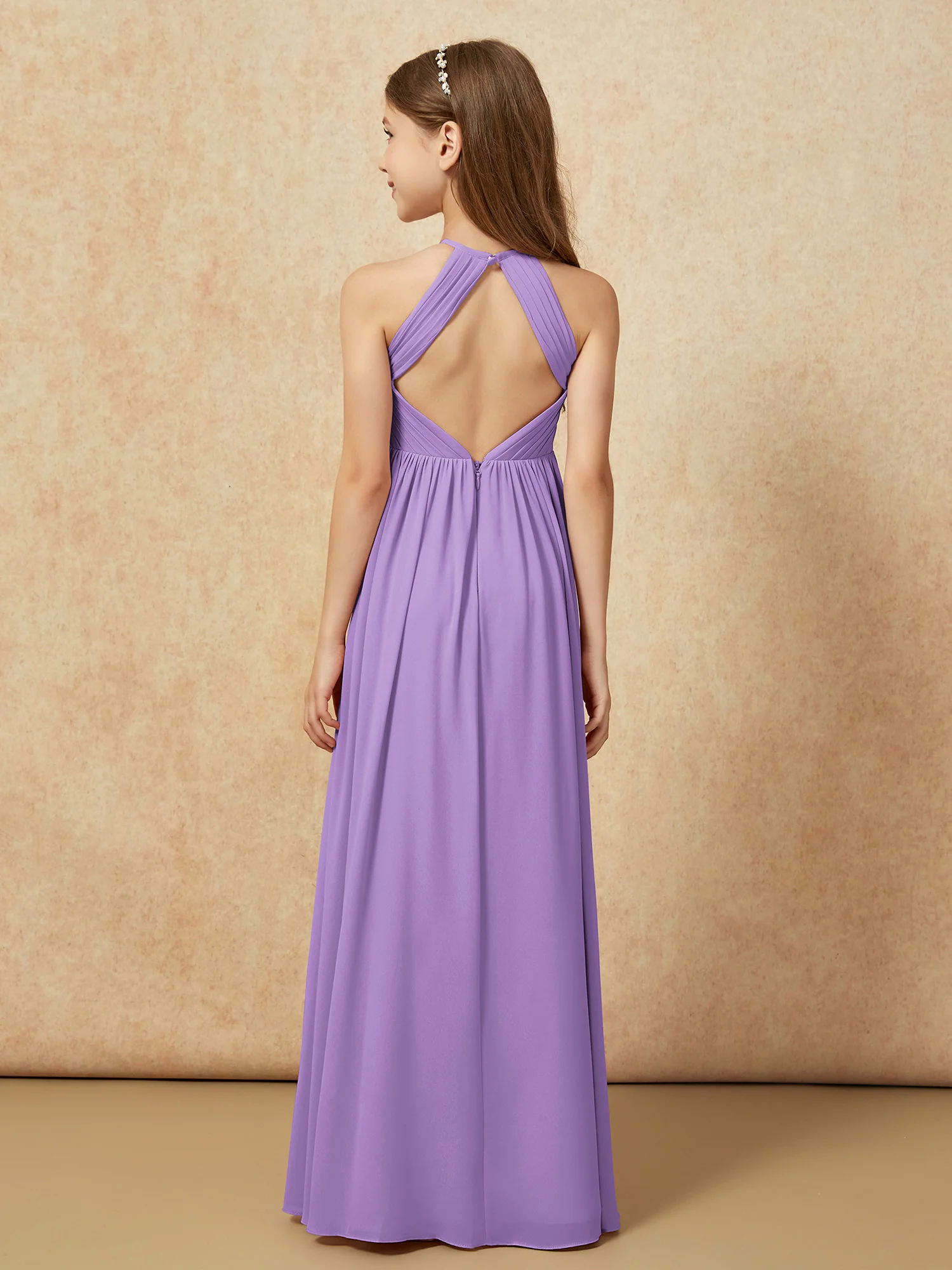 Halter Pleated Long Chiffon Junior Bridesmaid Dress Tahiti - Image 2