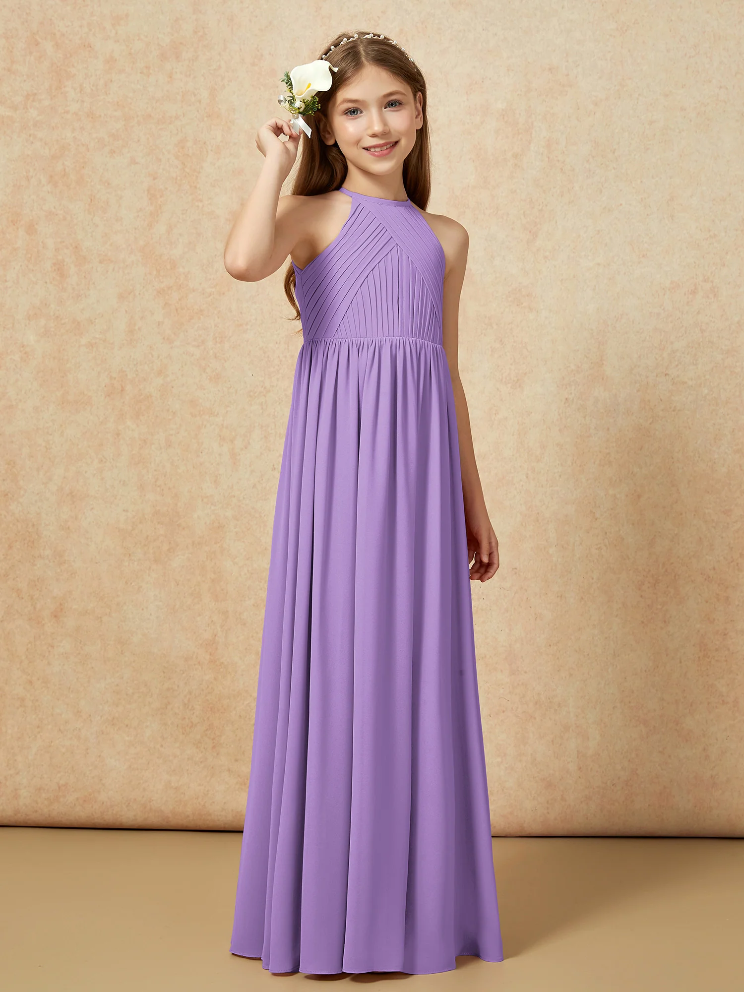 Halter Pleated Long Chiffon Junior Bridesmaid Dress Tahiti - Image 4
