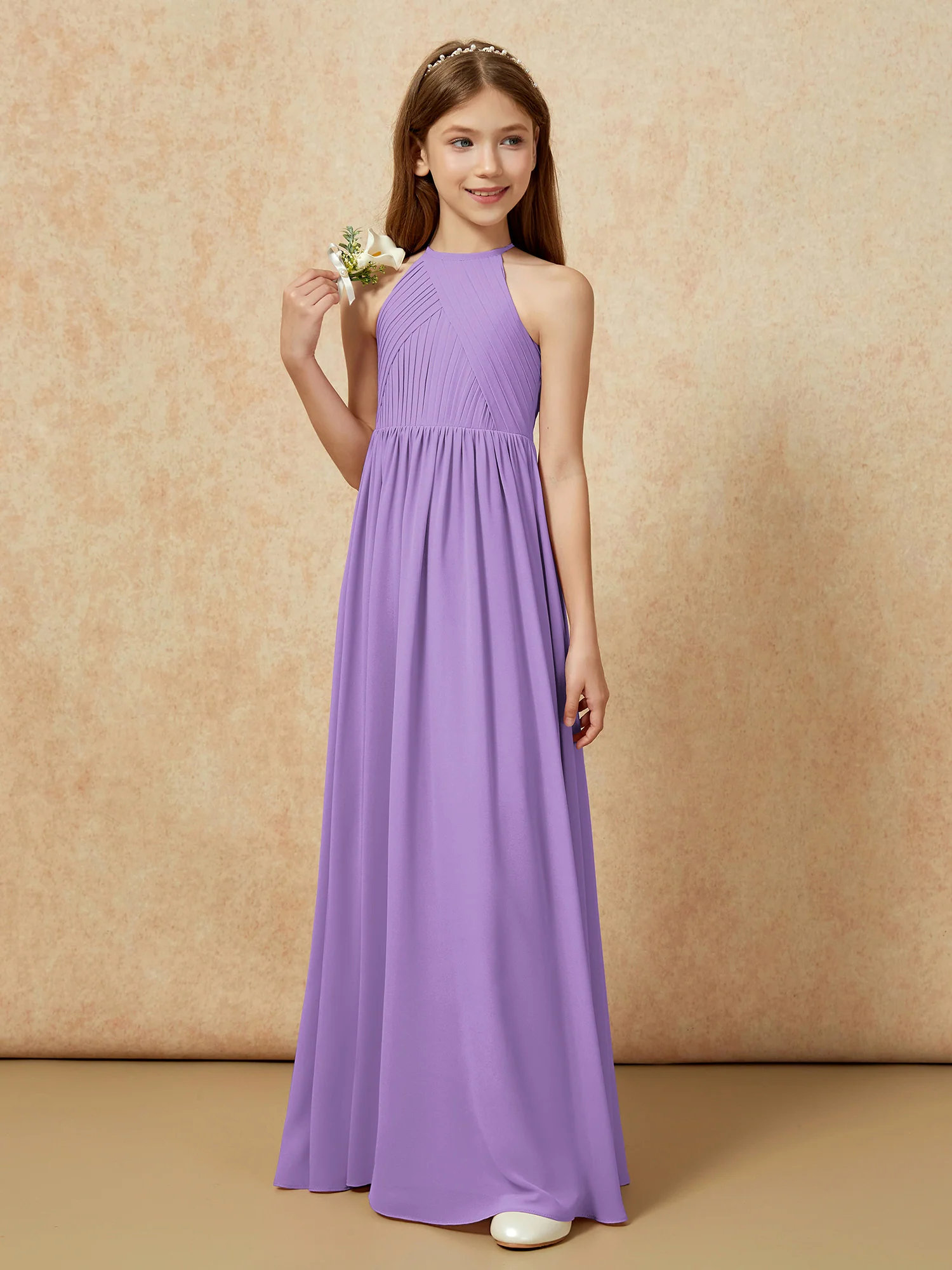 Halter Pleated Long Chiffon Junior Bridesmaid Dress Tahiti - Image 5