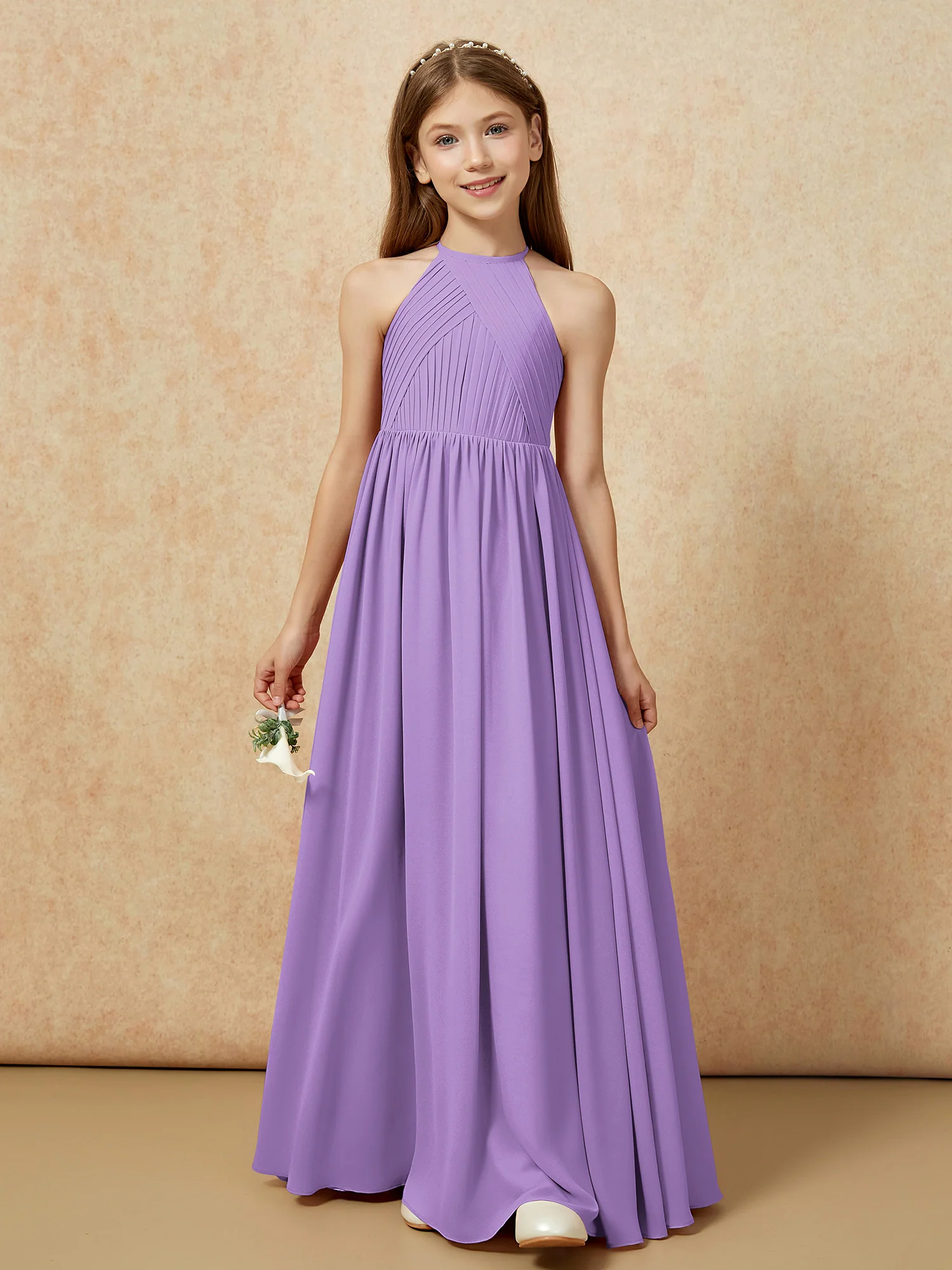 Halter Pleated Long Chiffon Junior Bridesmaid Dress Tahiti - Image 6