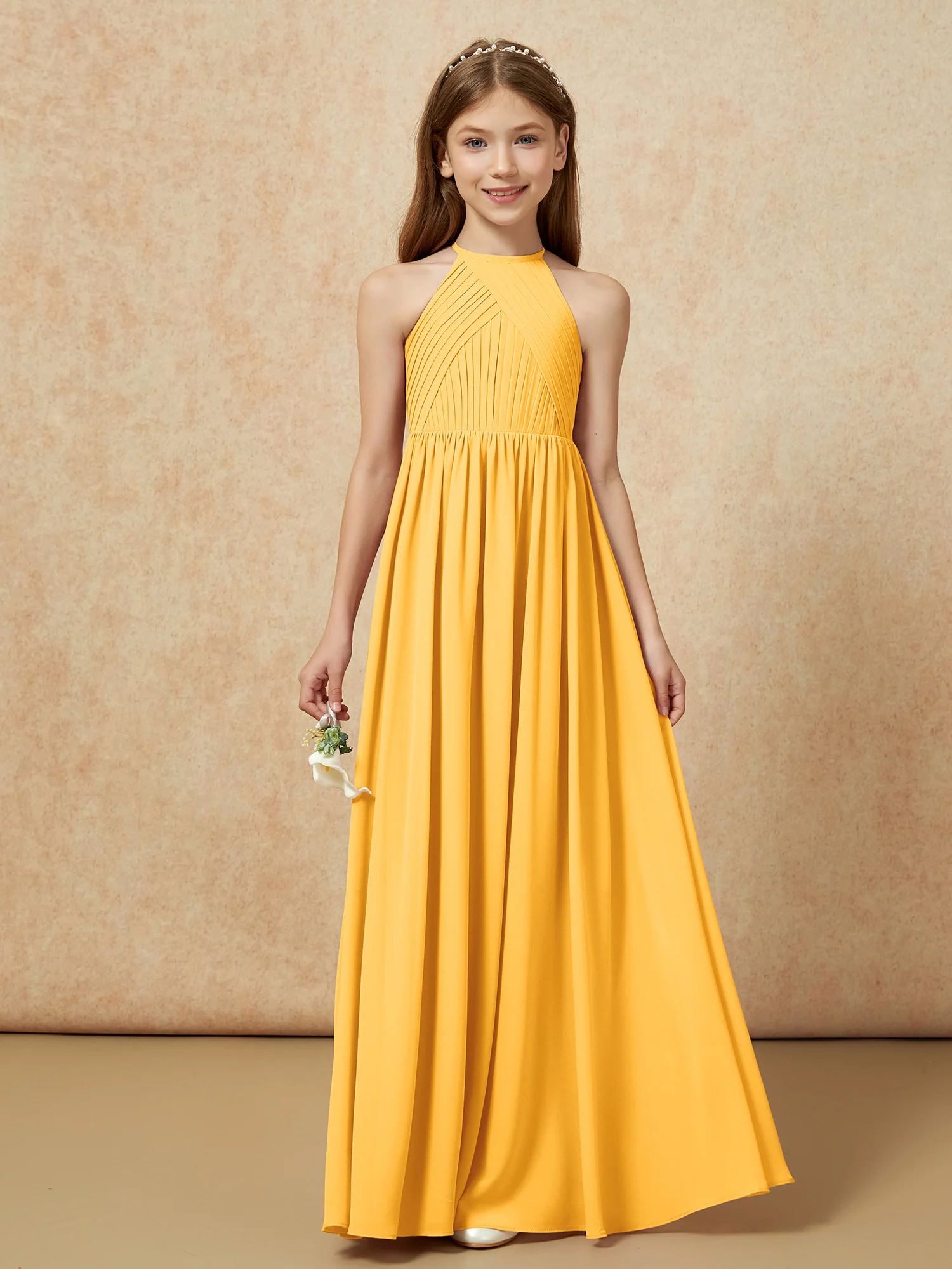 Halter Pleated Long Chiffon Junior Bridesmaid Dress Tangerine