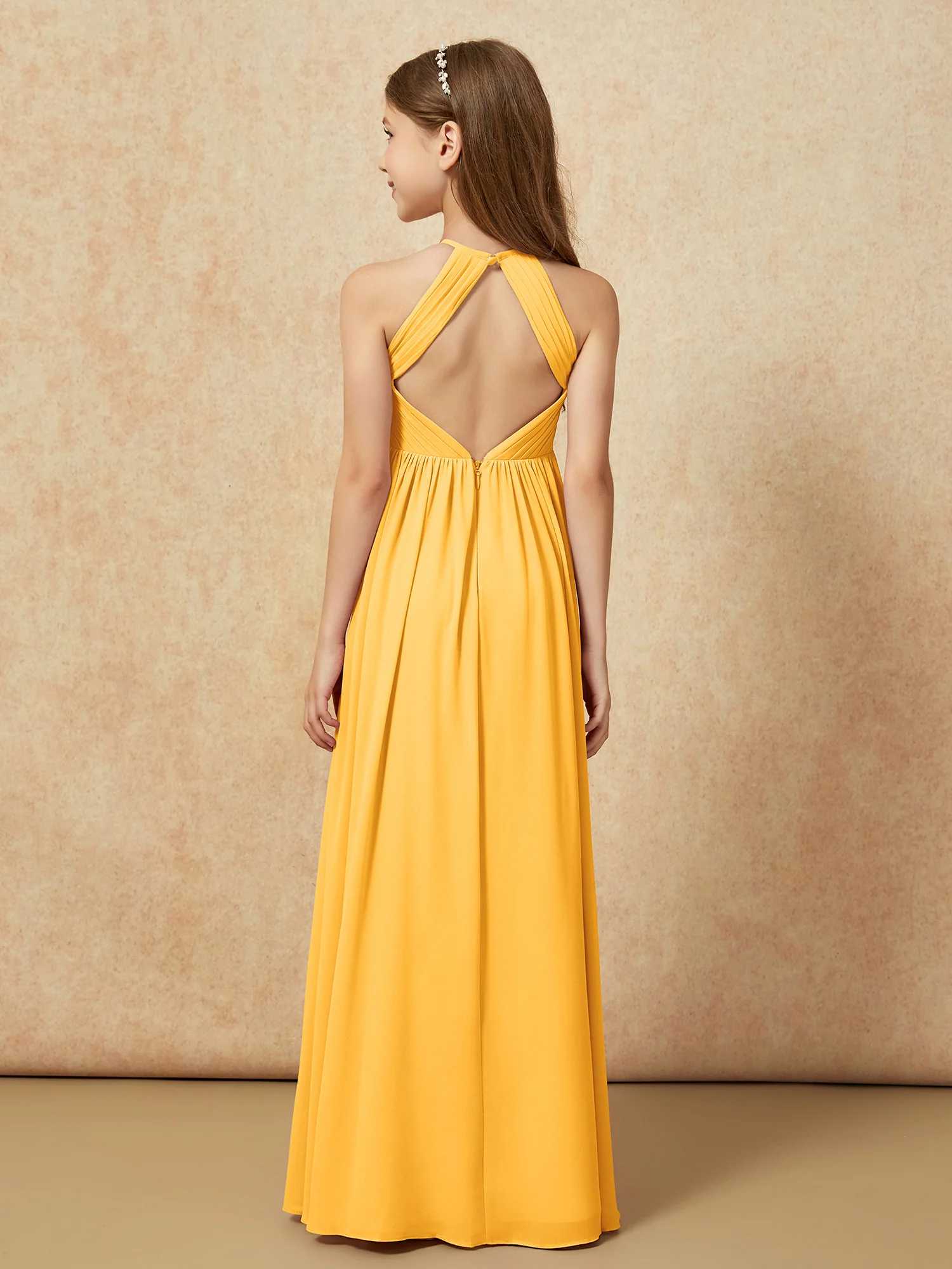 Halter Pleated Long Chiffon Junior Bridesmaid Dress Tangerine - Image 2