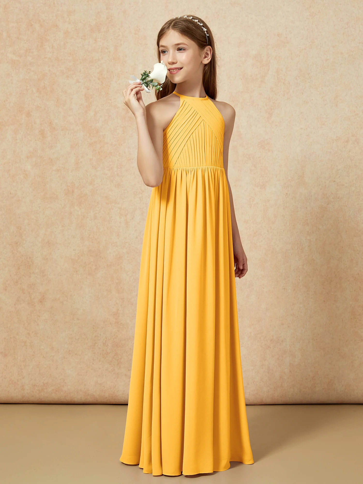 Halter Pleated Long Chiffon Junior Bridesmaid Dress Tangerine - Image 3