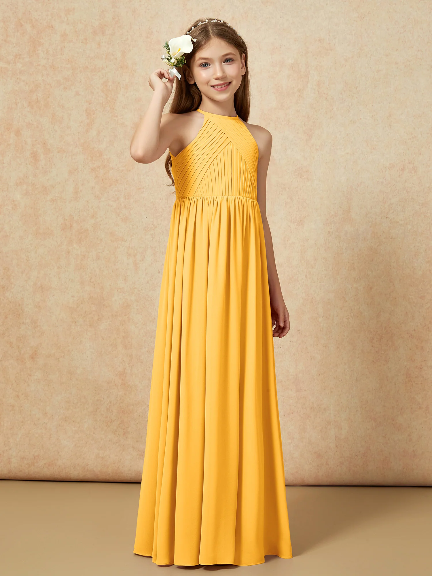Halter Pleated Long Chiffon Junior Bridesmaid Dress Tangerine - Image 4
