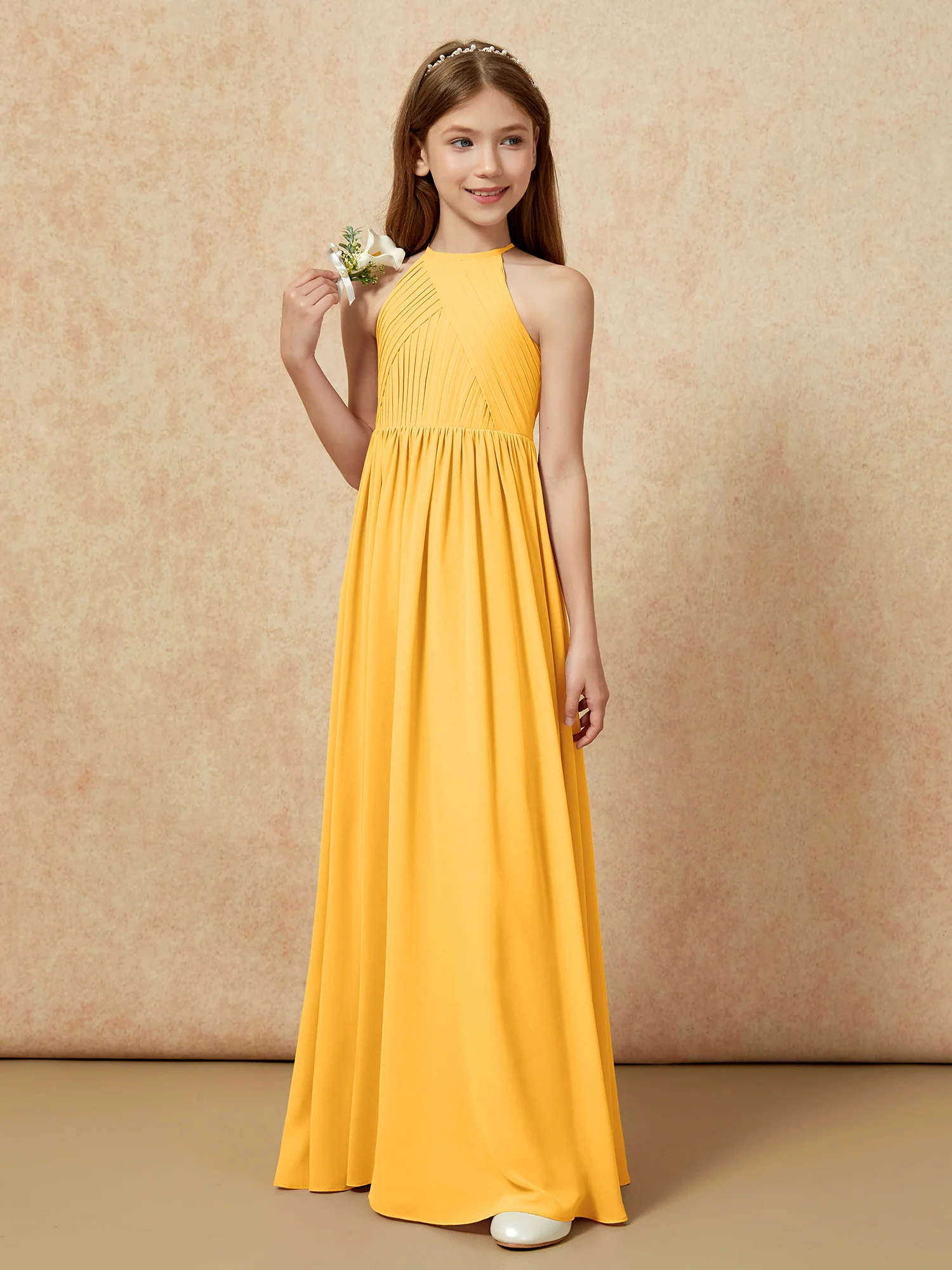 Halter Pleated Long Chiffon Junior Bridesmaid Dress Tangerine - Image 5