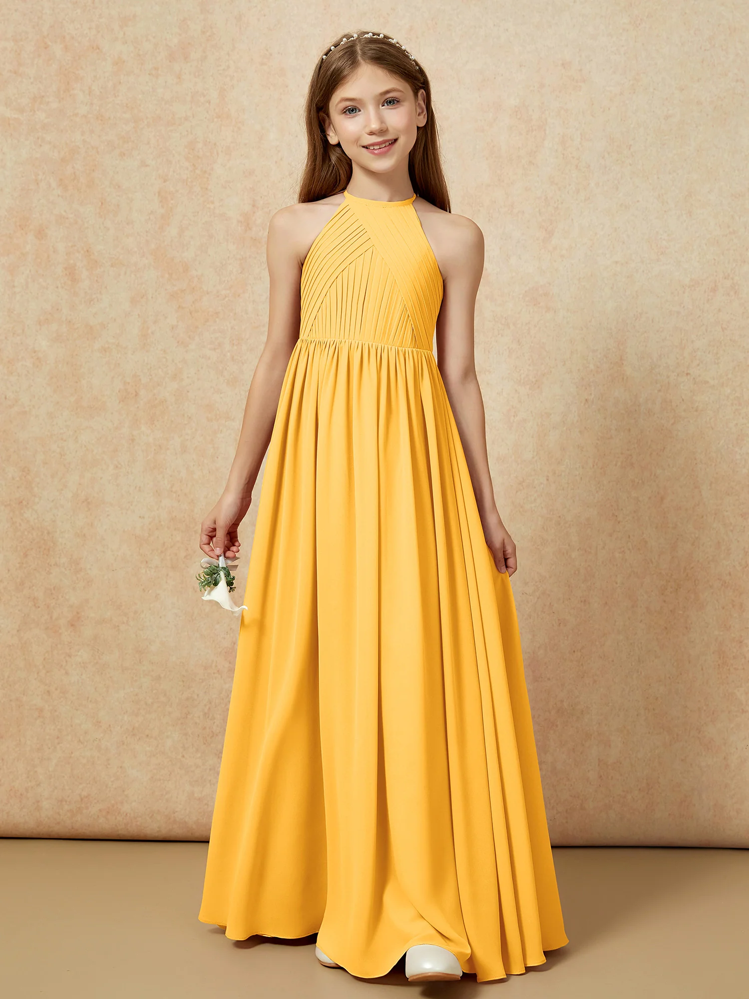 Halter Pleated Long Chiffon Junior Bridesmaid Dress Tangerine - Image 6
